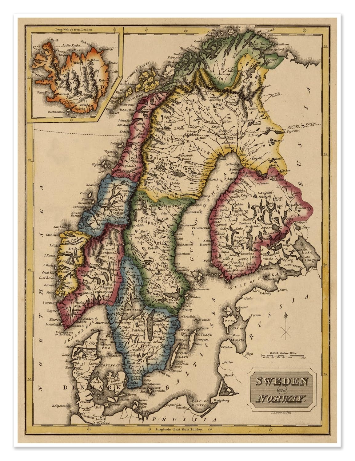 Elegant Map of Sweden and Norway circa 1822 | Historical Scandinavia Art Print Poster Vintage Wall Decor | 18 x 24 inches