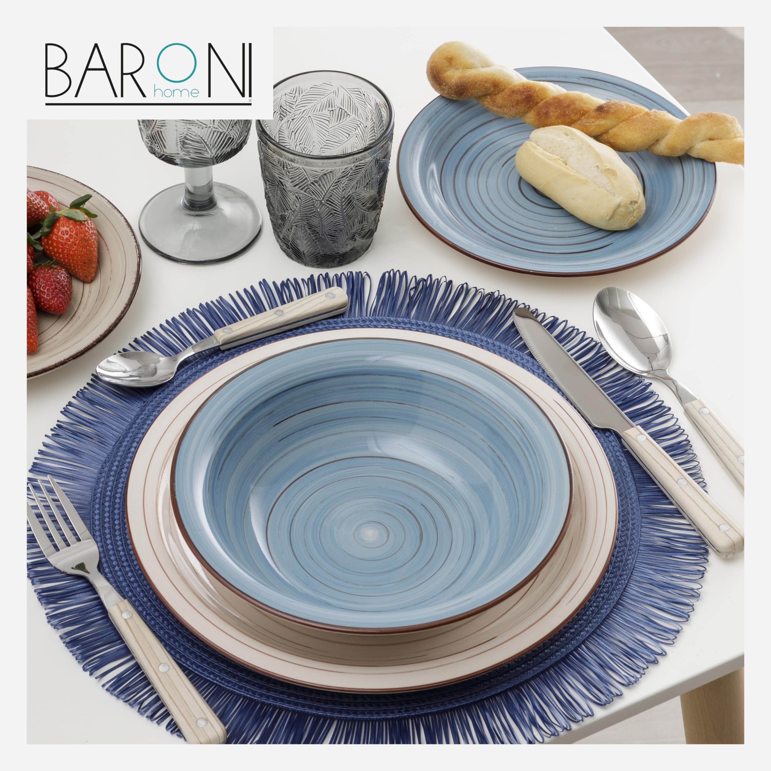 Baroni Home Vajilla de 18 piezas de cerámica, juego de vajilla decorada para 6 personas, plato hondo, llano, fruta o postre (Estilo azul y gris)