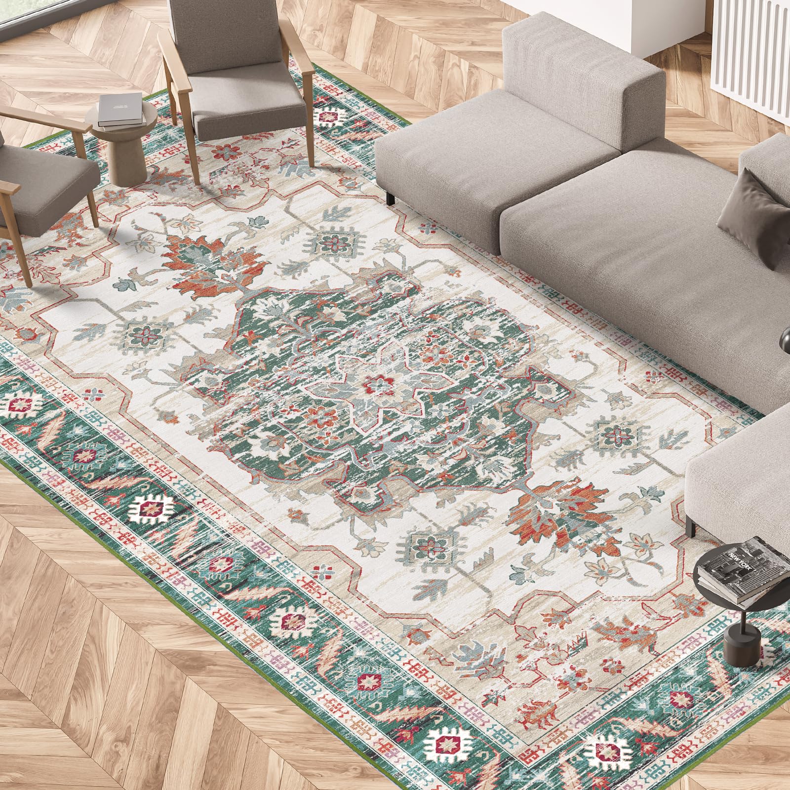 Vamcheer Alfombra de área Vintage-Alfombra de Salón Imitación Cachemira de Antideslizantes y Lavable,Alfombras Decorativas para Habitación,Comedor,Pasillo,Verde Retro 120x170 cm