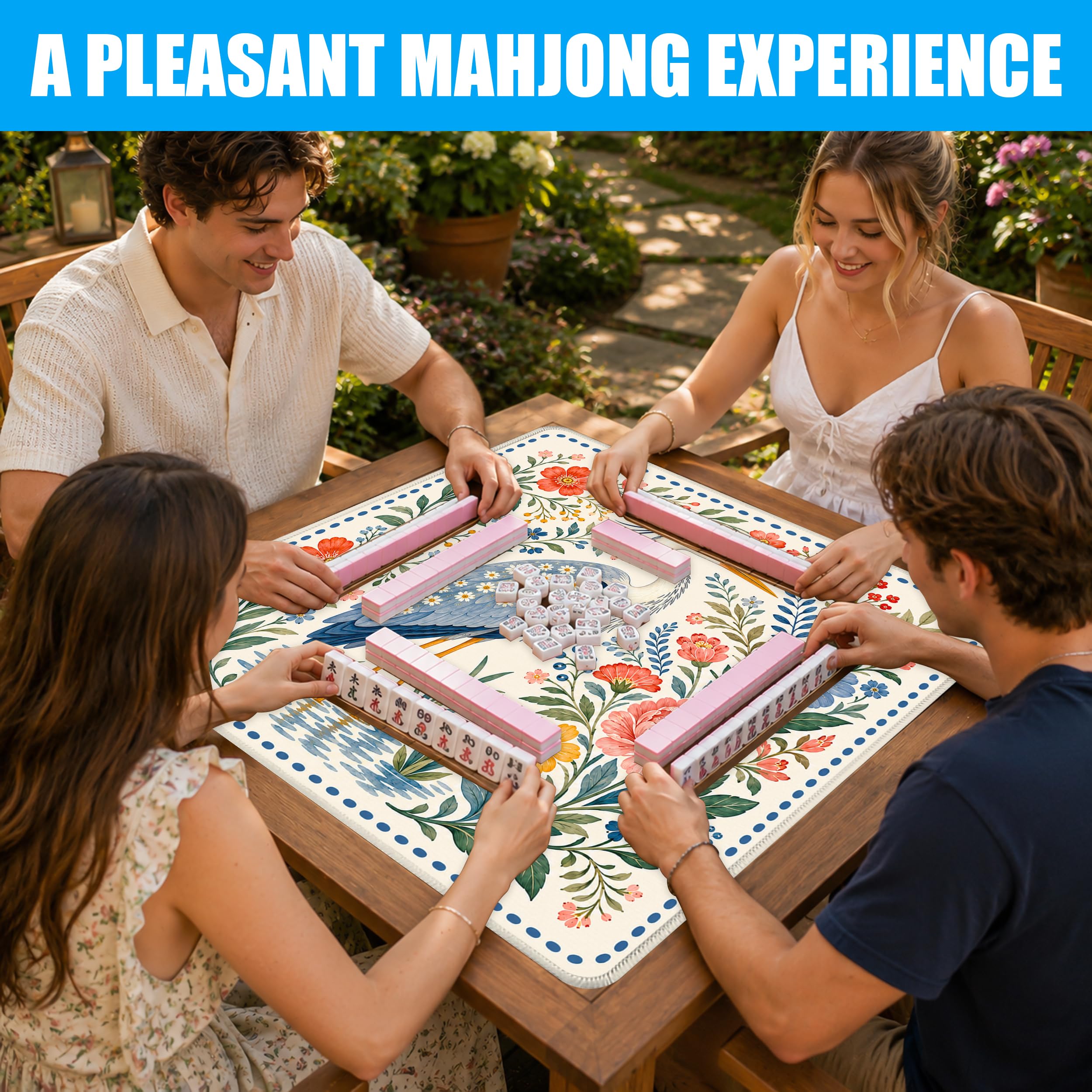 SODAVA Tapis de mahjong Blue Heron, housse de table de jeu florale aquarelle avec sac de transport, 80 cm x 80 cm, caoutchouc antidérapant, réduction du bruit, cadeaux pour mahjong, cartes, dominos