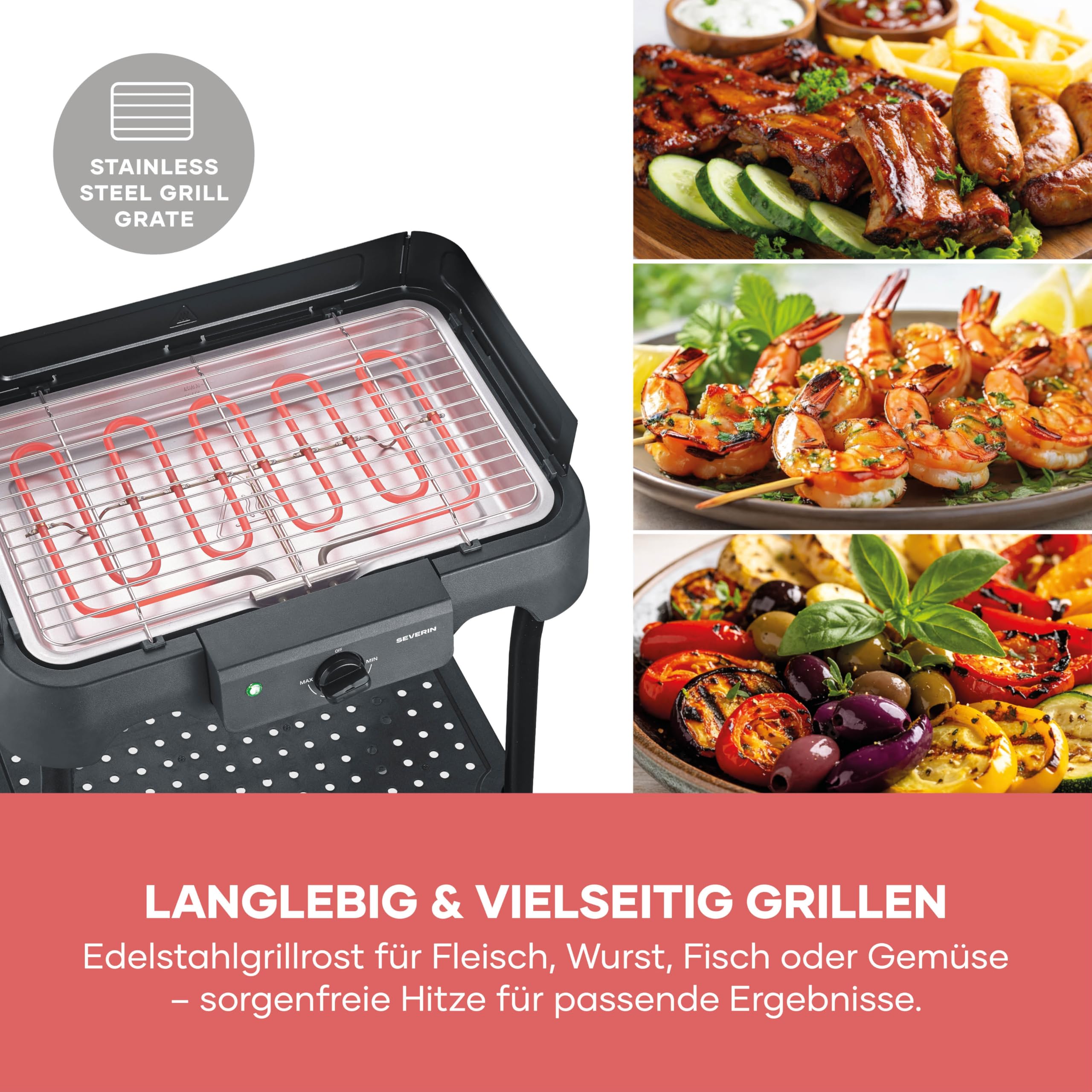 Severin Elektrogrill mit Standfuß, 2000W, 38x22cm, Edelstahl-Grillrost, schwarz