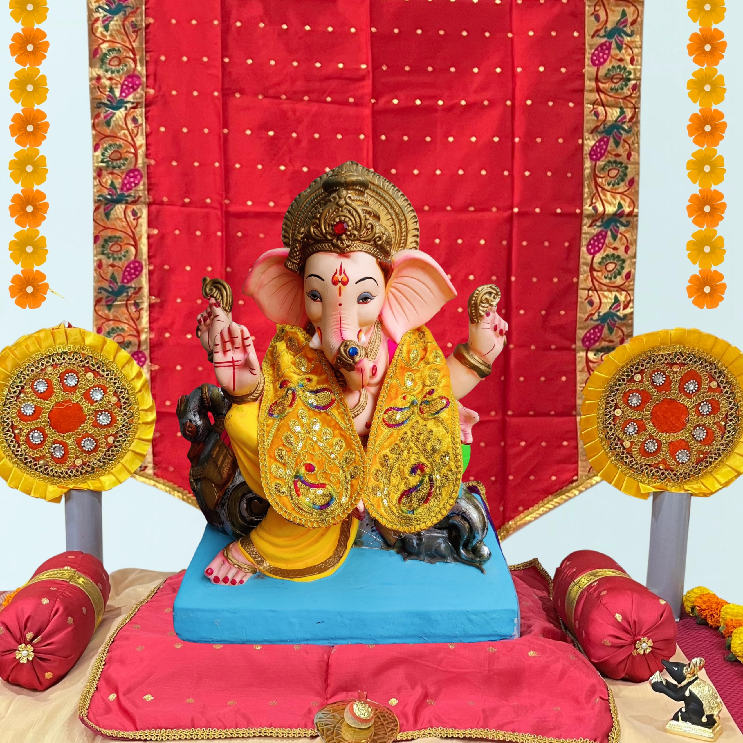 PUNYATVA Ganpati Shela in Velvet (Yellow) – Khes, Patka, Uparna Vastra for Gauri Ganpati, Ganesh Chaturthi, Varalakshmi Vratam, Navratri, Durga Puja, Decoration Accessories for Idols, God Dress 4