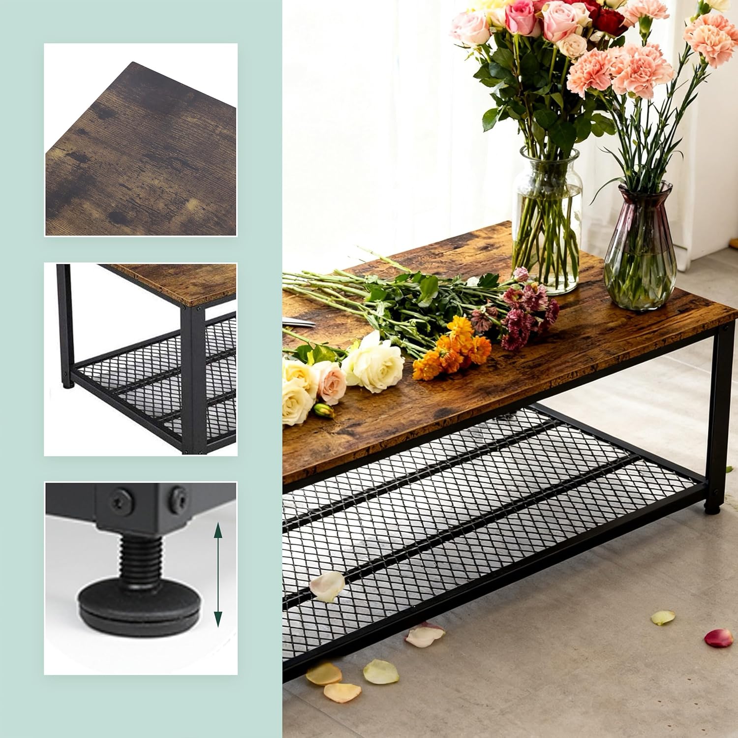 Close-up images showing wood-look tabletop, grid shelf detail, and adjustable foot mechanism