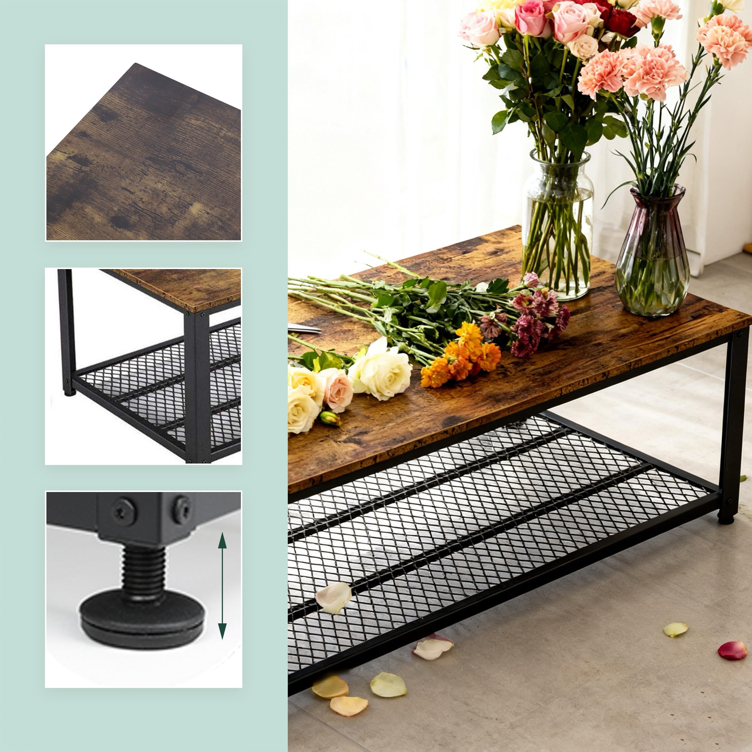 Relaxdays Mesa de Centro Industrial en Madera con Rejilla, 45x106x60 cm, marrón/Negro