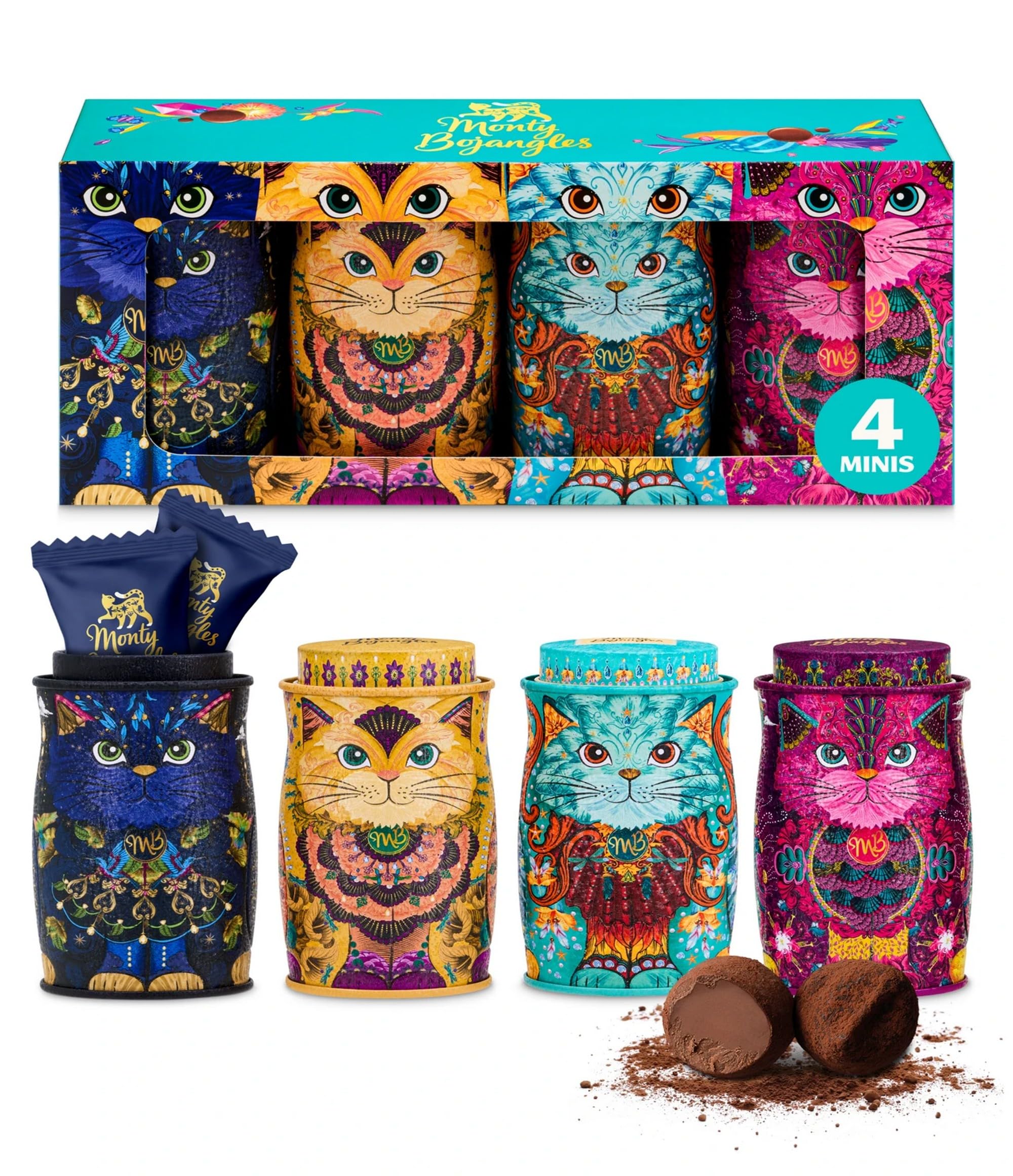 Monty Bojangles Kit-Tins Schokoladentrüffel (4 x 36g) Truffle Pralinen mit Kakao bestäubt Pralinen, Schokolade Sammlerdose mit Katzen-Design, Geschenkset mit vier Geschmacksrichtungen