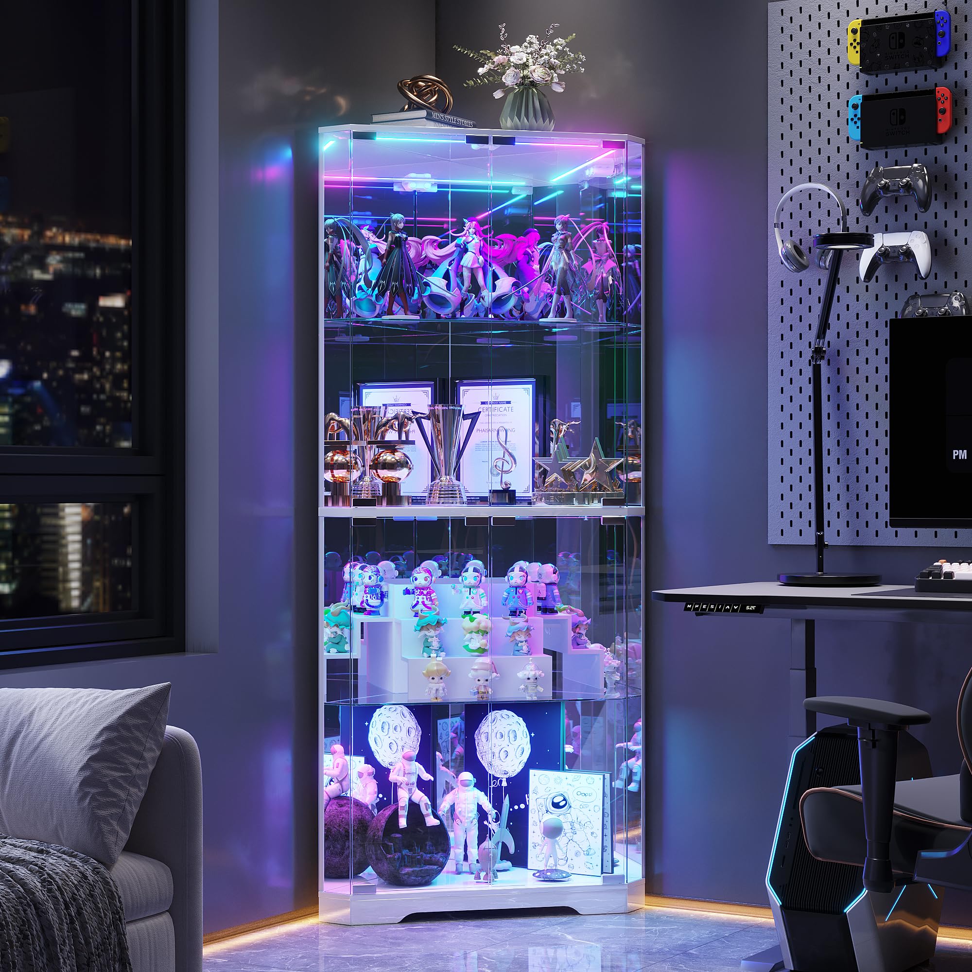 FREDEES 164cm Glasvitrine Stehend Eckvitrine, Vitrinenschrank mit RGB-Beleuchtung für Sammlerstücke, 4-Etagen LED Glas Eck-Kuriositätenschränke für Sammlerstücke/Spielzeug/Bücher, Weiß