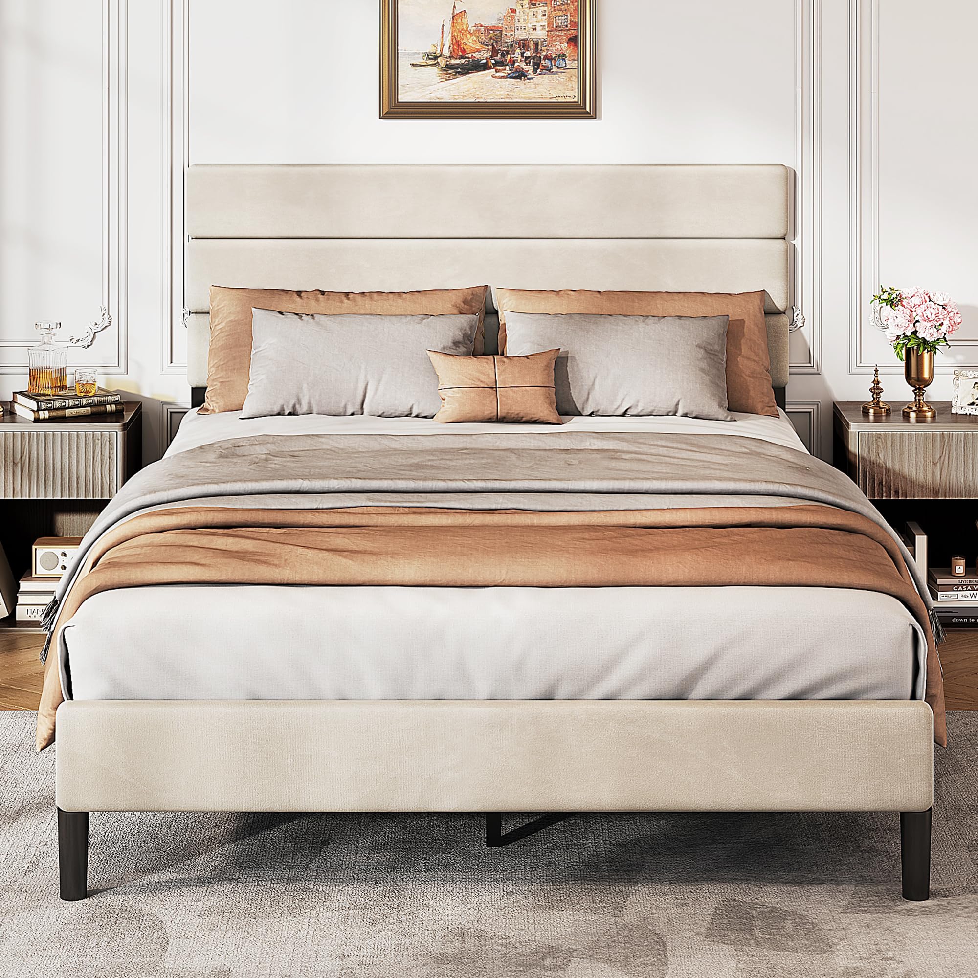 WLIVE Full Size Upholstered Bed Frame, Velvet Square Tufted Headboard,Sturdy Metal & Wooden Slats Support, No Box Spring Needed, Light Grey