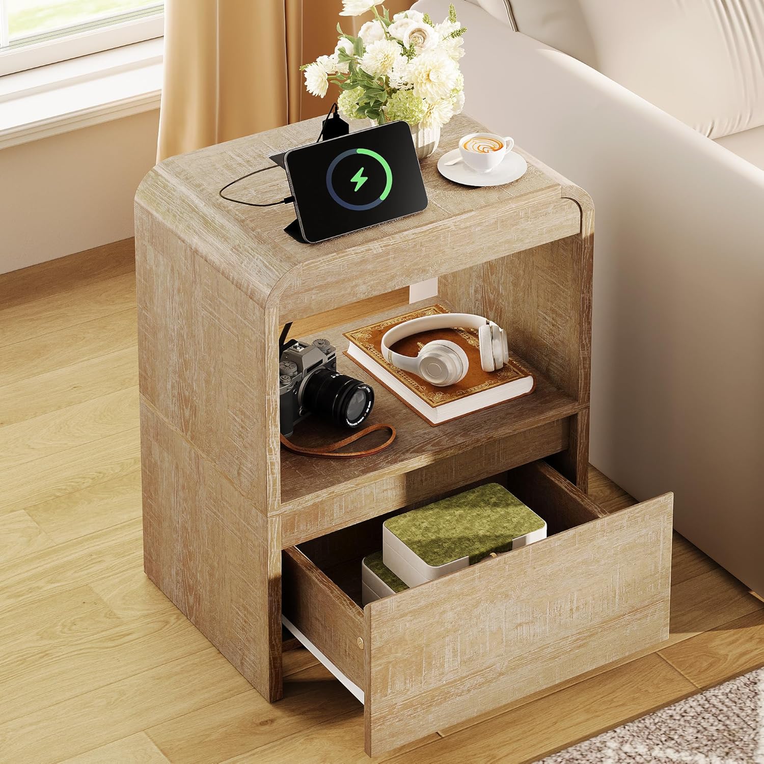 TV Stand and Coffee Table Set of 4, Includes Oval Coffee Table Lift Top, TV Stand and 2Pcs End Tables, Side Table with Outlets & Drawer, 4-Piece Living Room Table Set with Storage, Natural