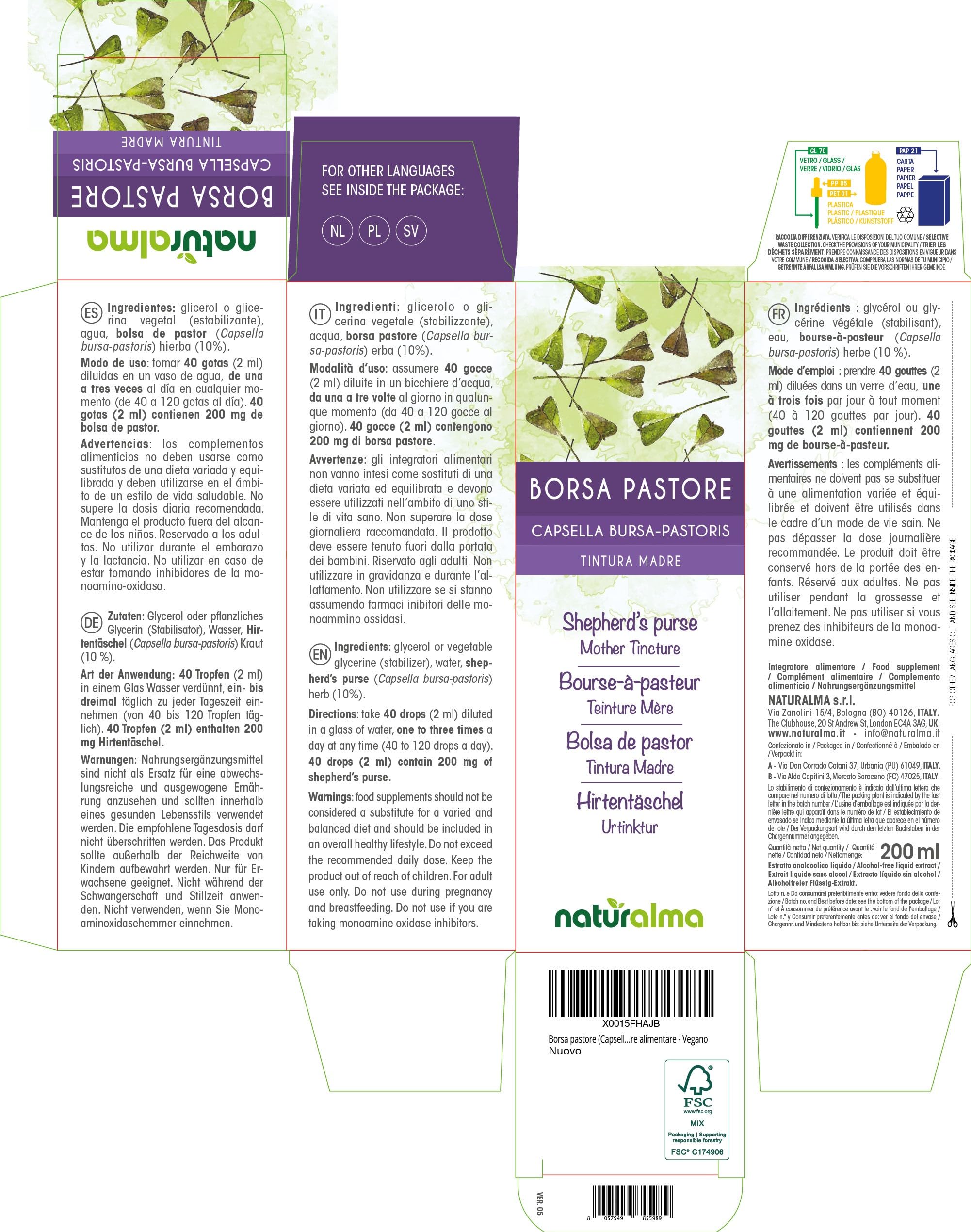 Bolsa de pastor (Capsella bursa-pastoris) hierba Tintura Madre sin alcohol Naturalma - Extracto líquido gotas 200 ml - Complemento alimenticio - Vegano