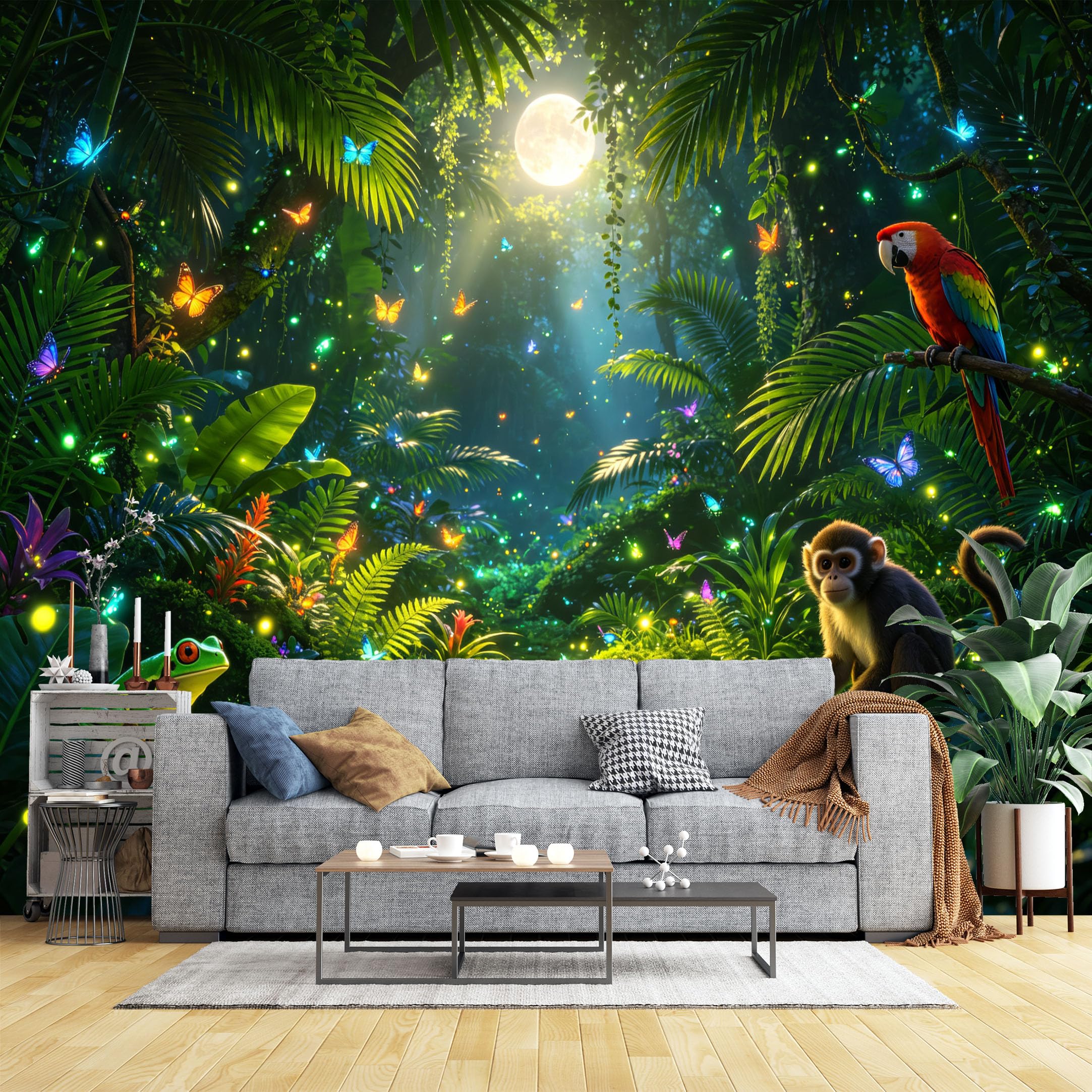 Lcythiazole Ch260604053 Custom Size Wall Murals Glowing Moonlit Tropical Rainforest With Parrot Monkey And Fireflies Wall Stickers Self-Adhesive Wall Fabric (No Pvc) Removable Wallpaper
