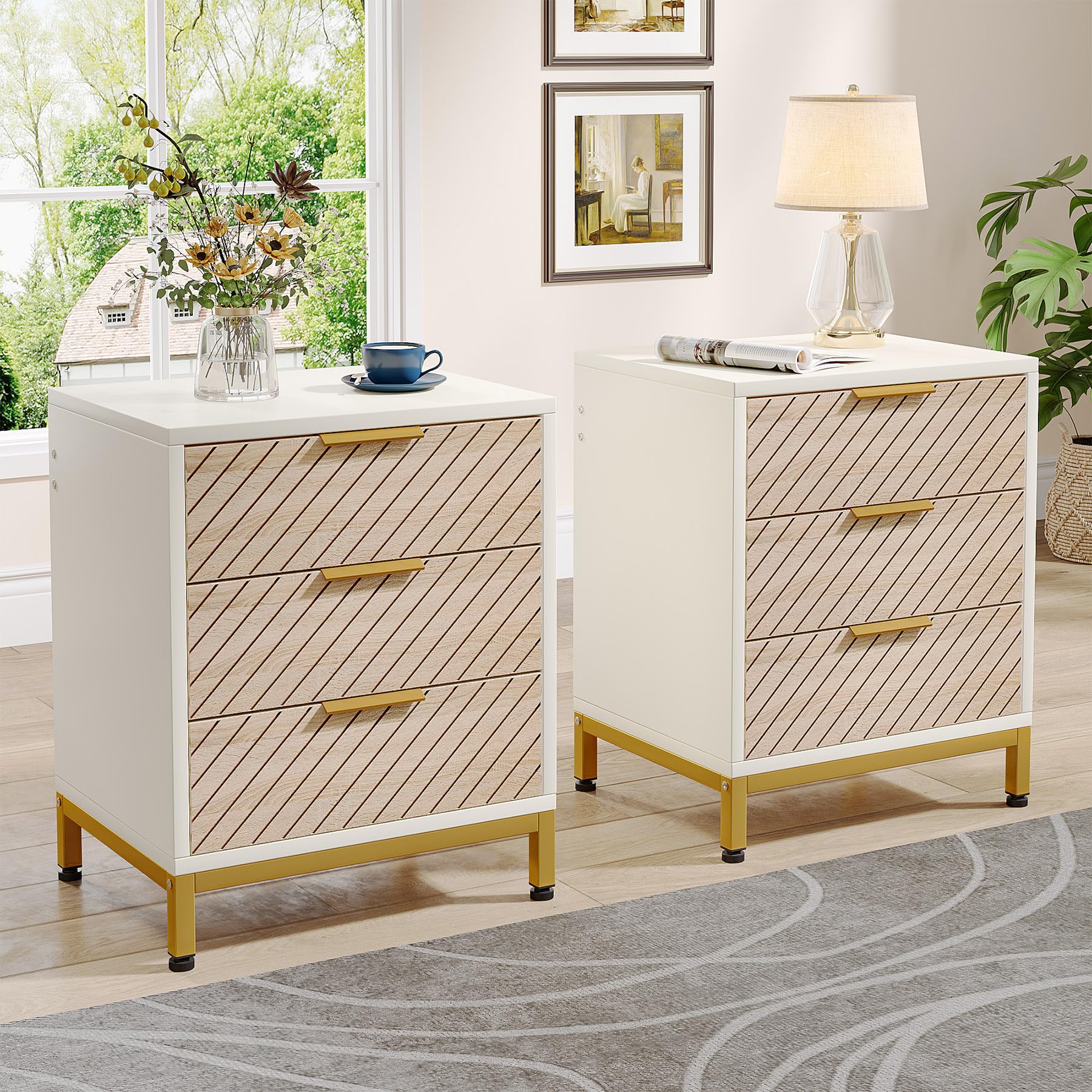 Tribesigns Night Stands Set of 2, Nightstand with 3 Drawers White and Gold Light Wood Grain Nightstands Bedside End Tables Storage for Bedrooms