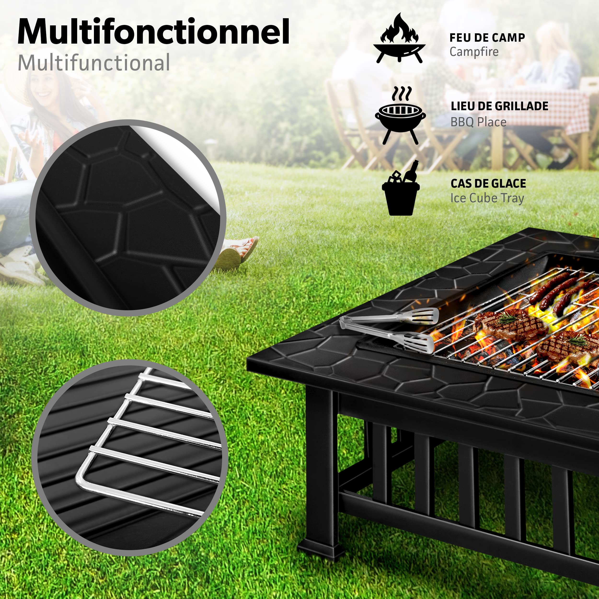 Tillvex Brasero Extérieur BBQ Jardin Terrasse Chauffage Gril Charbon Couvercle Feu Barbecue Tisonnier