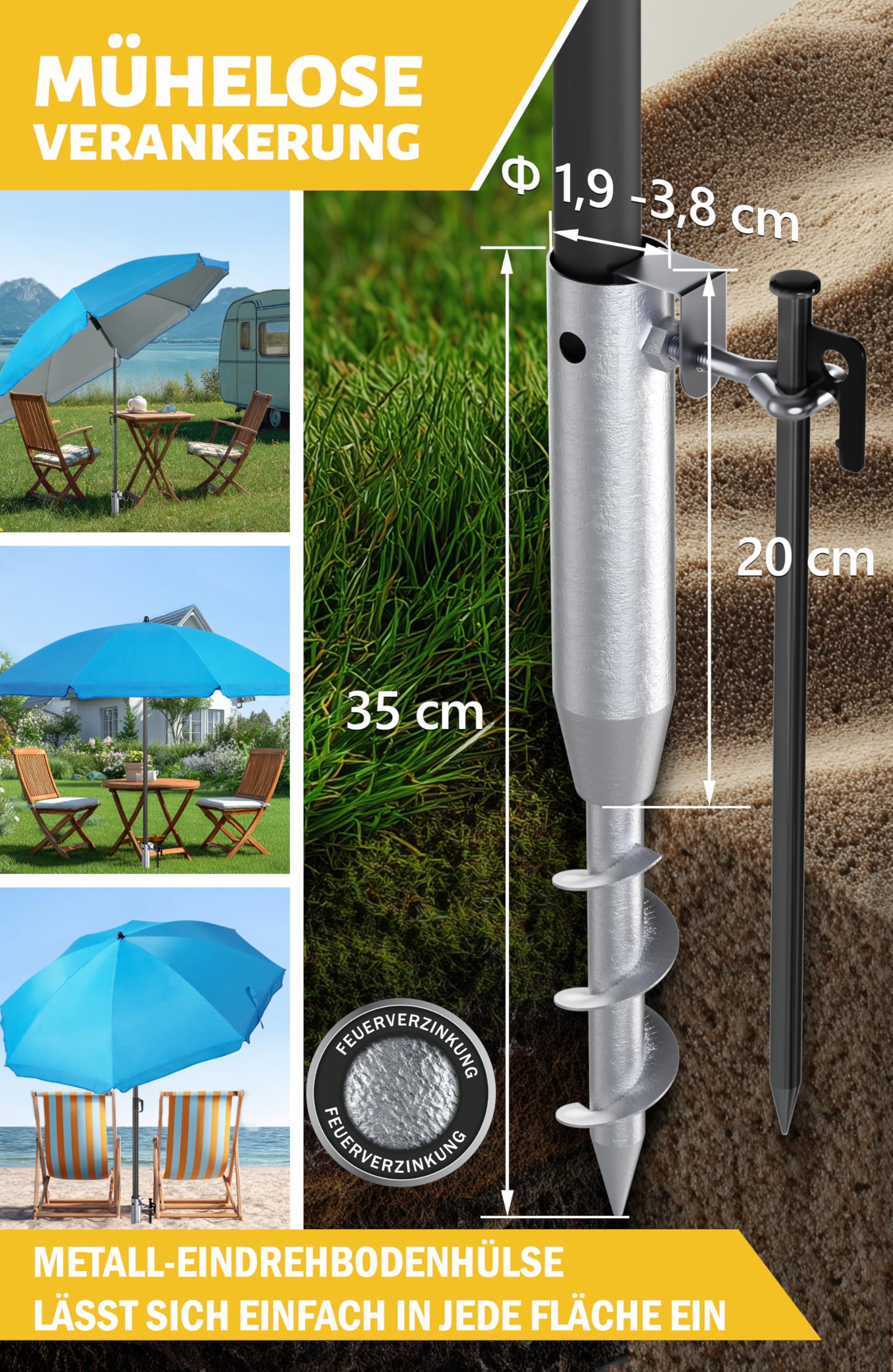 Menz Sonnenschirm Strand mit UV80 Sonnenschutz Strand – Strandschirm Windfest Stabil Ø 180 cm 3er Set, Einschraubhülse Bodenhülse & Schirmhülle, Blau, für Strand, Garten & Camping