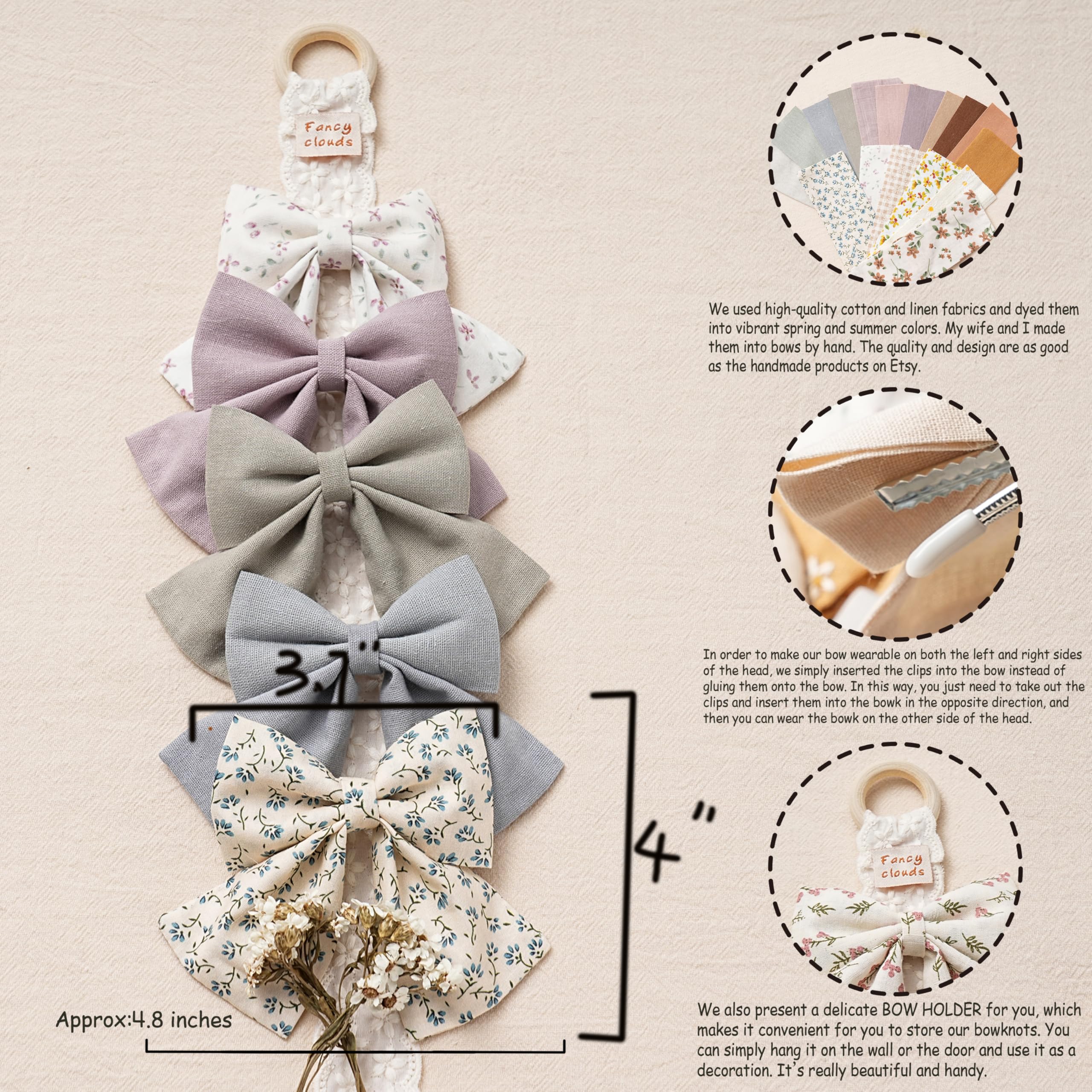 Lazos para el pelo con pinzas para el pelo para niñas y bebés, hechos a mano con estampado de flores de 5 pulgadas, lazos grandes, accesorios para el cabello, regalos para niños escolares