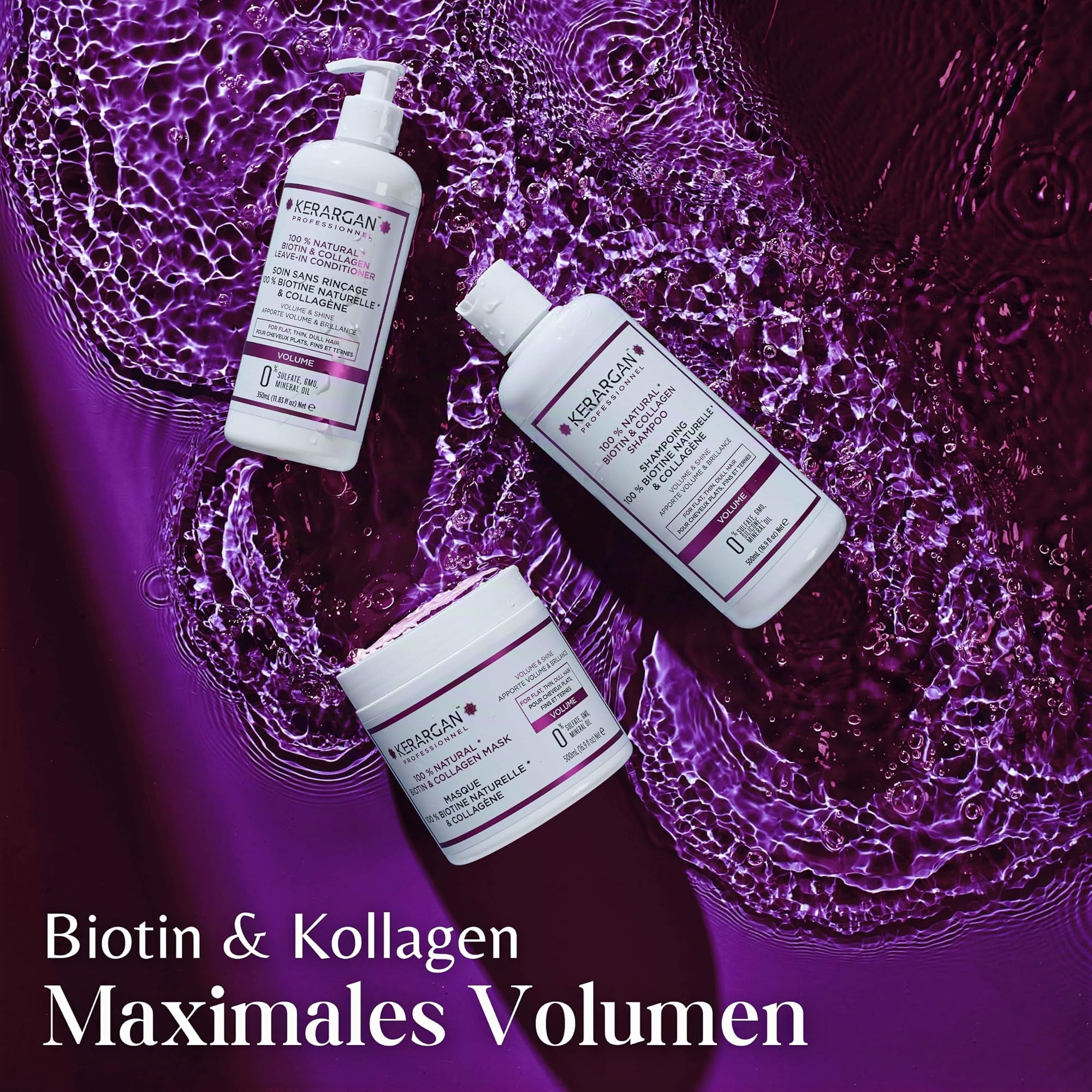 Kerargan - Trio Volumen Shampoo, Conditioner & Maske mit Biotin & Kollagen - für flaches, dünnes und mattes Haar - Ohne Sulfate, GVO, Silikon, Mineralöl - 3x500ml+1x100ml | Shampoo, Conditioner und Haarmaske, Volumenroutine zum Reinigen, Entwirren und Stä