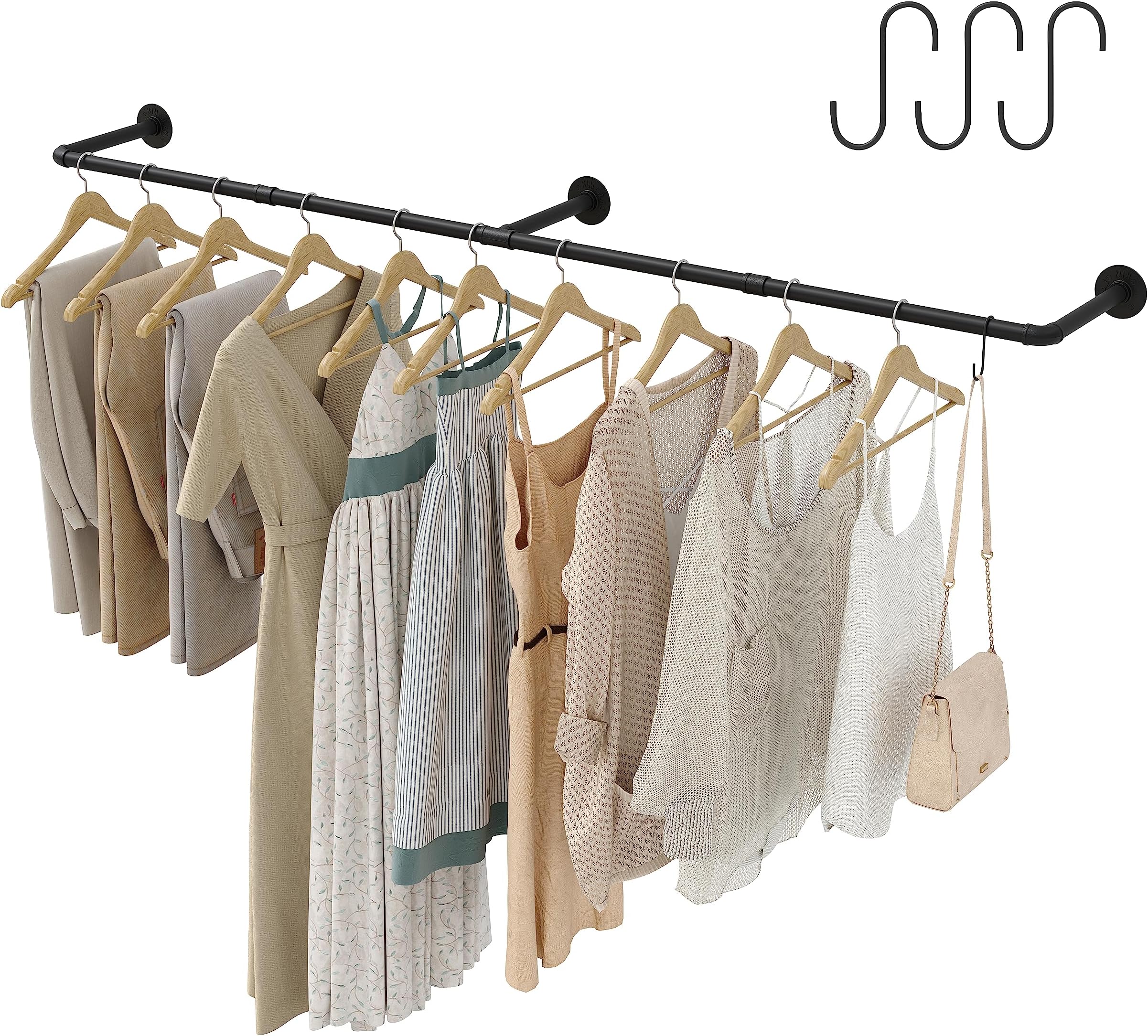 Crehomfy Industrial Pipe Clothes Rack with 3 Hooks, 72’'L Wall Mounted Garment Rack, Heavy Duty Iron Garment Bar, Clothes Hanging Rod Bar for Laundry Room, Max Load 135Lb Black (3 Base)