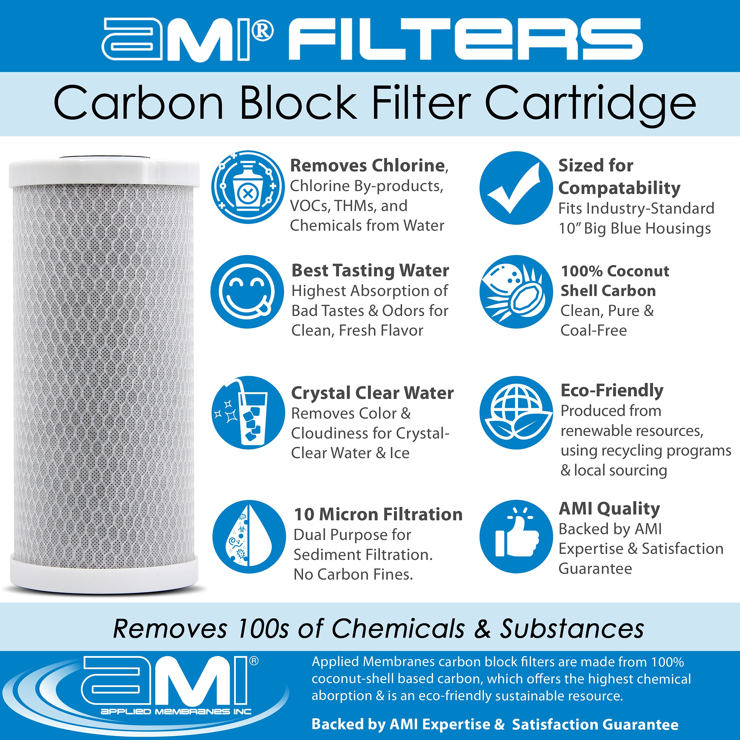 APPLIED MEMBRANES INC. Whole House - Juego de cartuchos de filtro de repuesto para filtro de agua, 3 etapas, 4.5 x 10 pulgadas, filtros de sedimentos y bloques de carbono, se adapta a carcasas azules