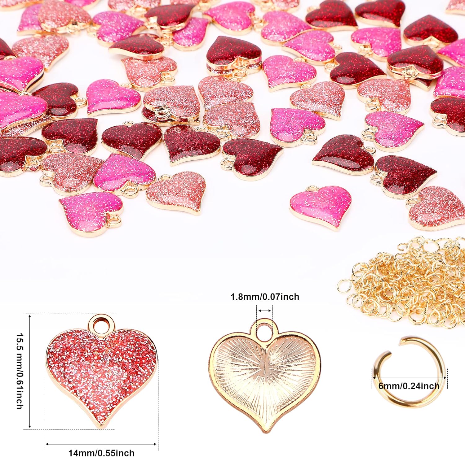 SANNIX 90Pcs Valentine's Day Heart Charms with 150Pcs Jump Rings, 3 Colors (Red, Pink, Rose Red), DIY Jewelry Making Crafts Supplies - Image 2