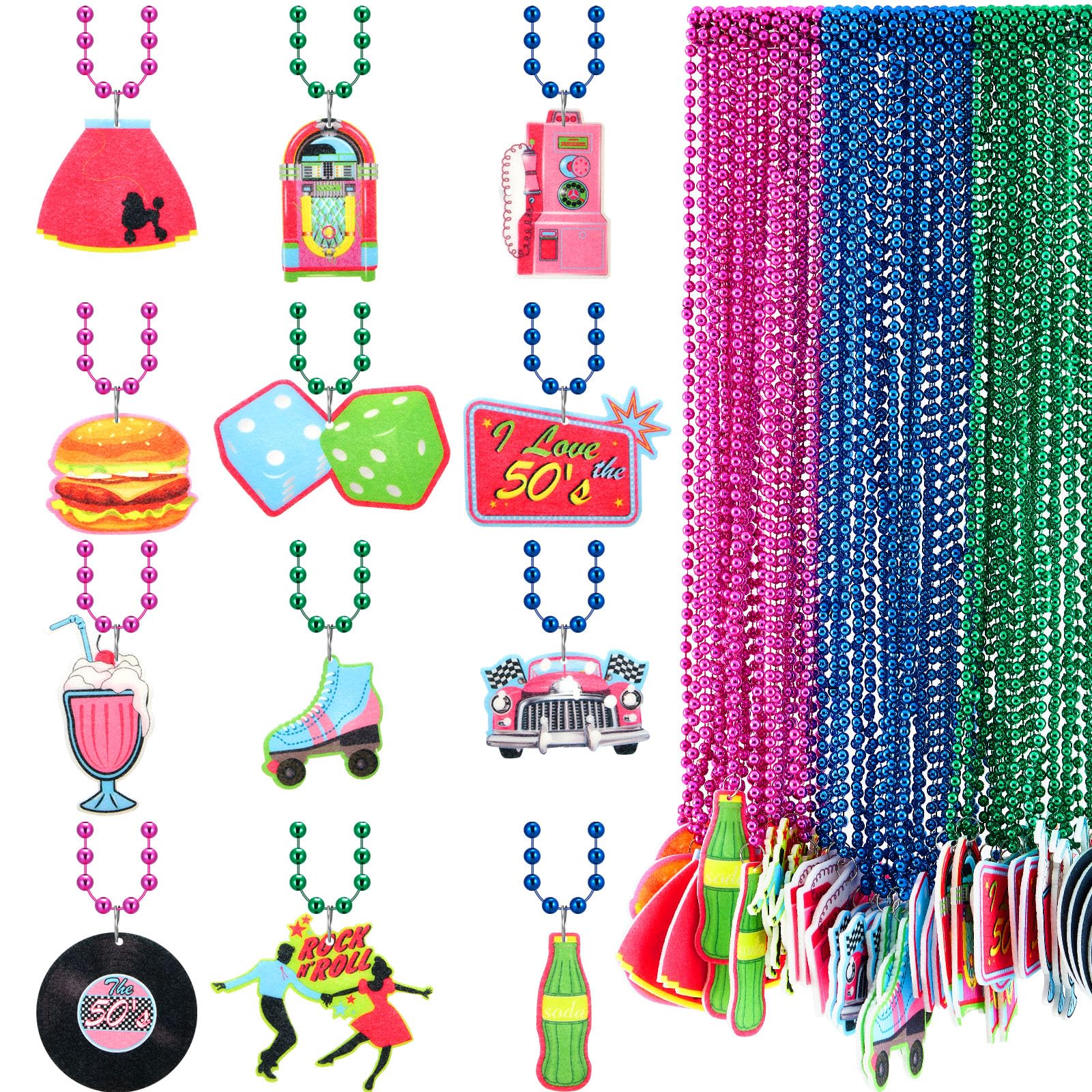 Ecally 48 Pack 50s Party Beaded Necklaces Bulk 1950s Rock and Roll Necklaces Blue Green and Rose Red Beaded Necklace for 50s 60s Theme Party Favor Carnival Birthday Mardi Gras Party Supplies,12 Styles