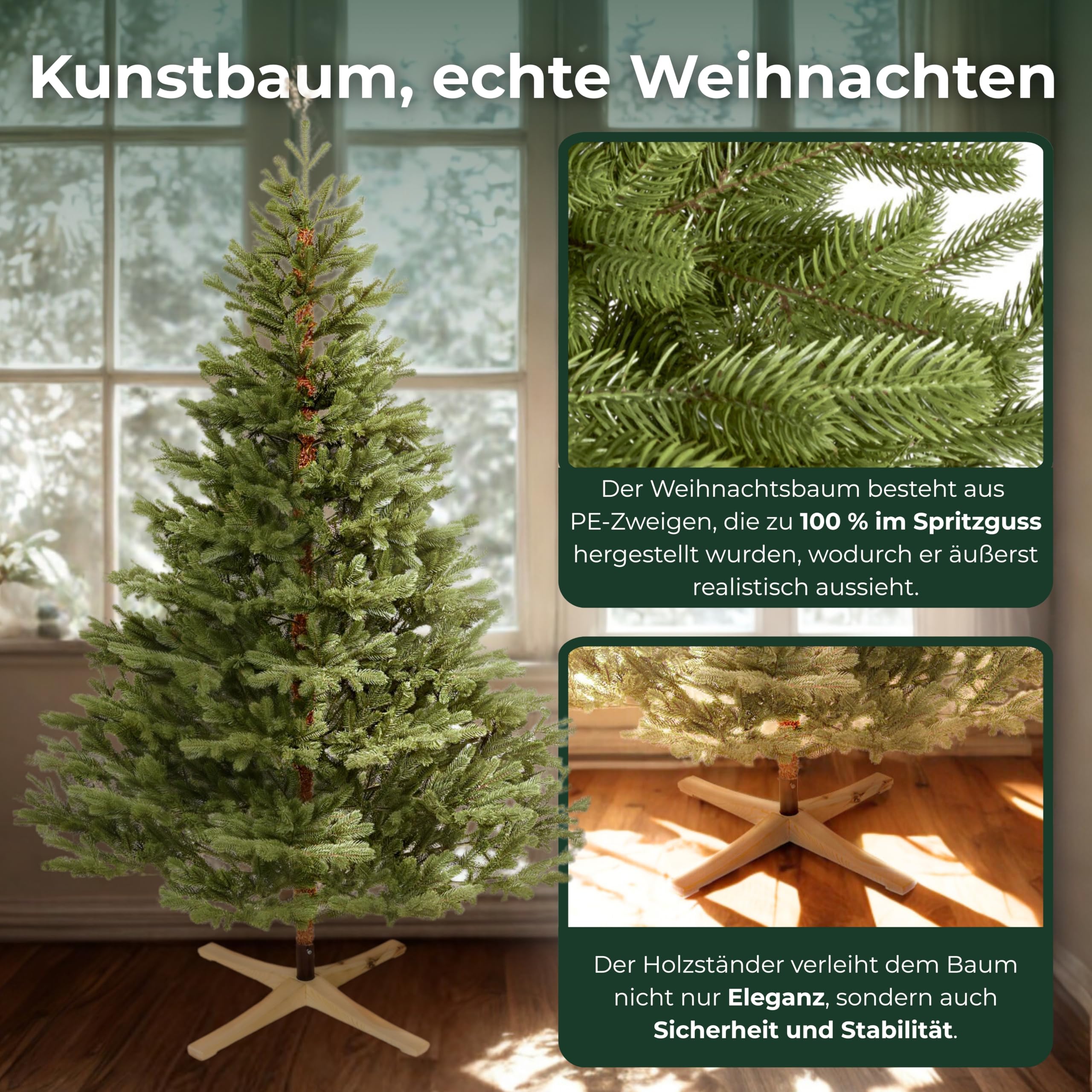 Premium Künstlicher Weihnachtsbaum 210 cm Scandinavian Spruce [100% Spritzguss] Tannenbaum Künstlich inkl. FSC zertifiziertem Holzständer I Christmas Tree Made in EU