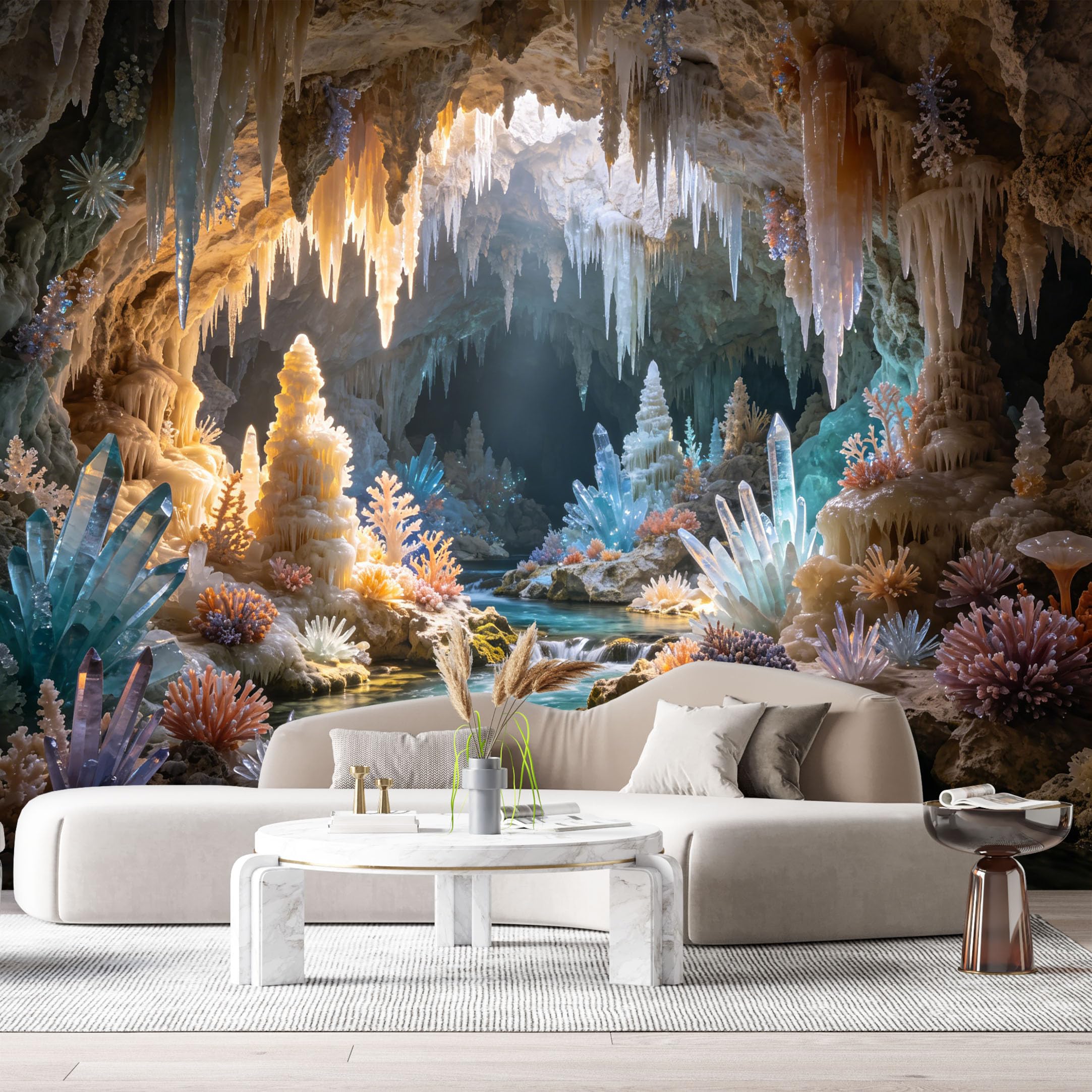 Custom Size Wall Murals Crystal Cave Underground River 3D Trompe L'Oeil Landscape SelfAdhesive Wall Fabric Removable Large Wallpaper for Photo Living Room