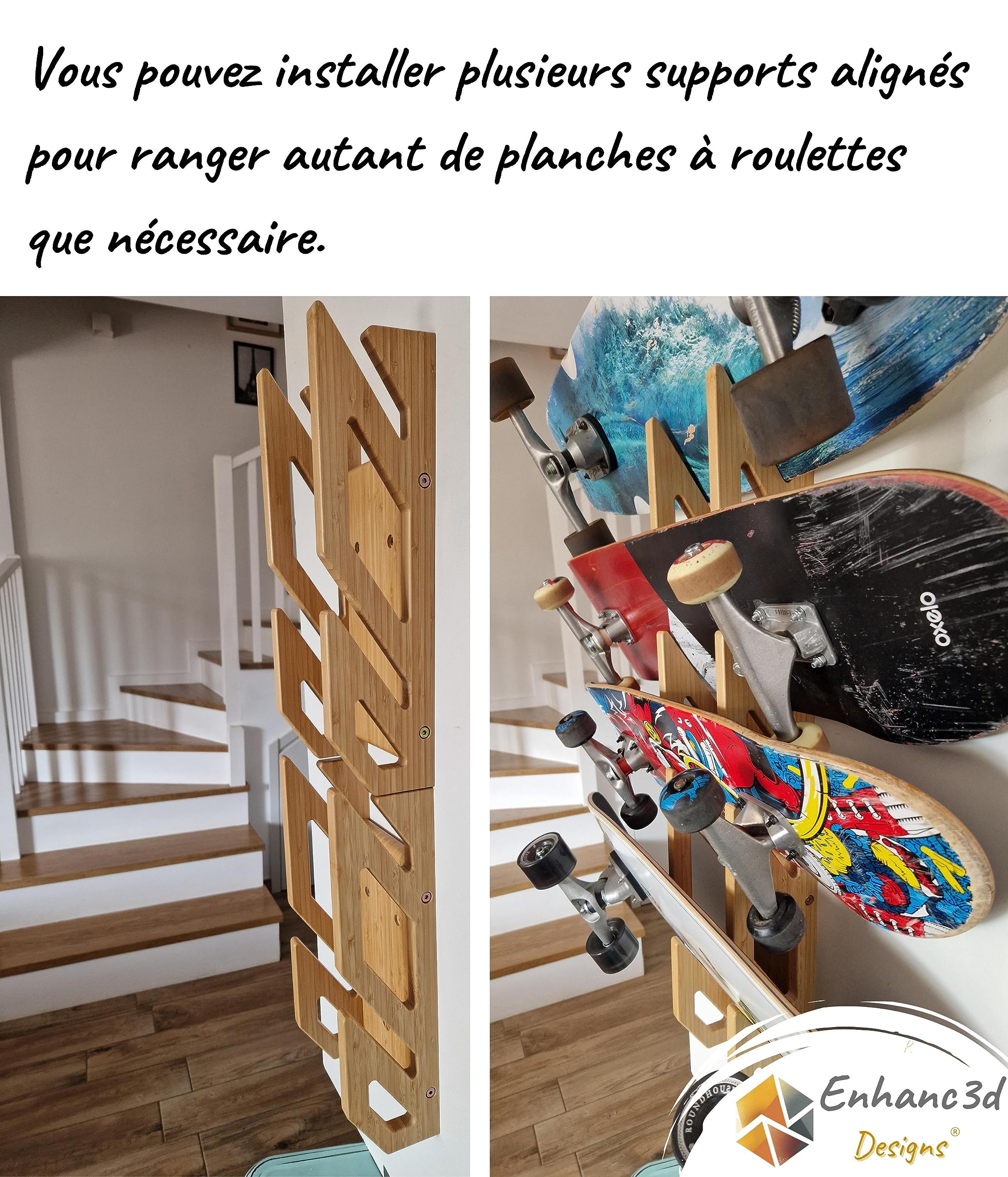 Support Mural en Bambou pour 2 Planches de Skate - Porte-Skate Mural pour Longboard - Design Moderne et Robuste