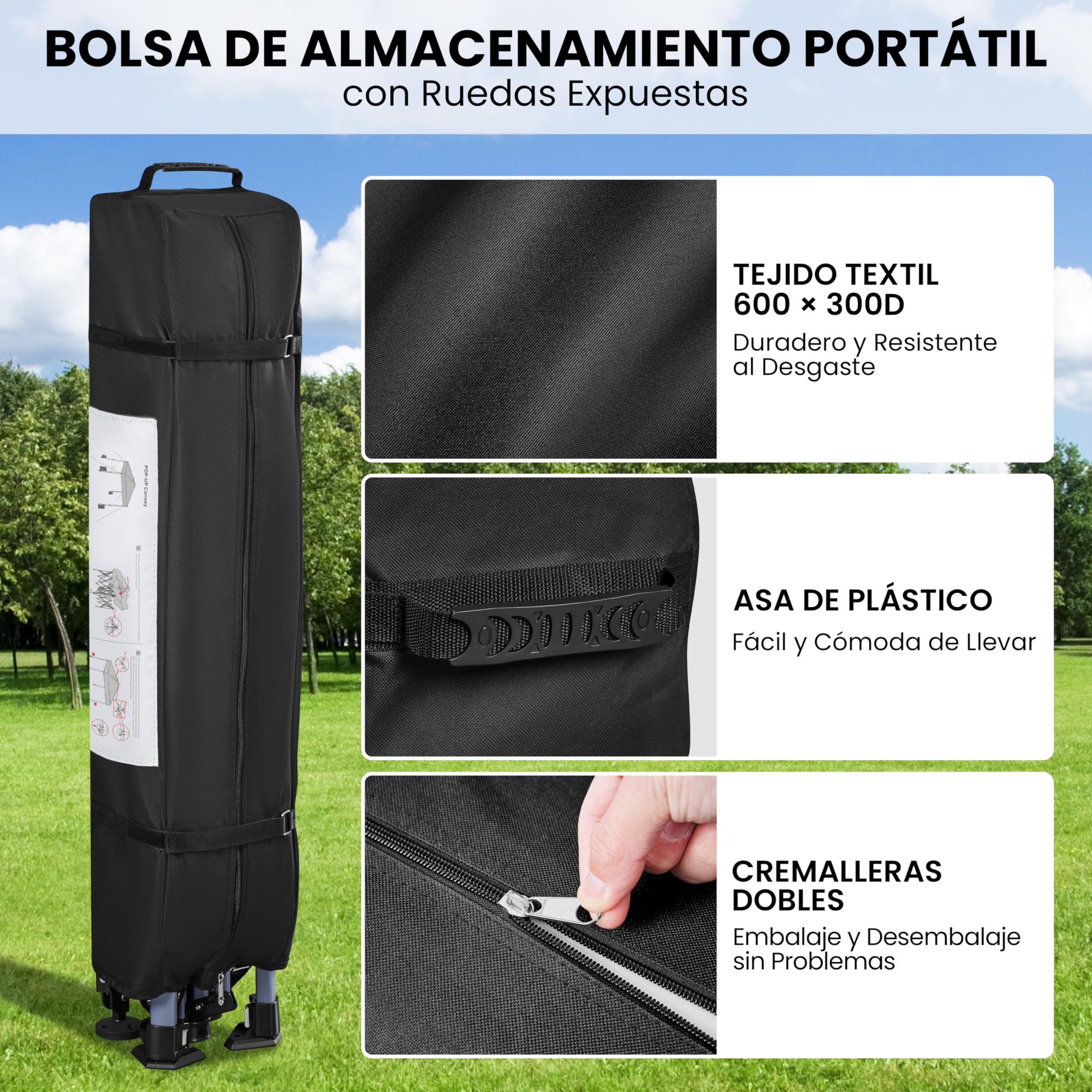 Yaheetech Carpa Pop-Up 3x3M con Ruedas, Cenador Altura Ajustable UPF 50+ con 1 Bolsa 4 Sacos de Arena 4 Cuerdas de Sujeción para Playa, Patio, Camping y Jardín (Blanco)