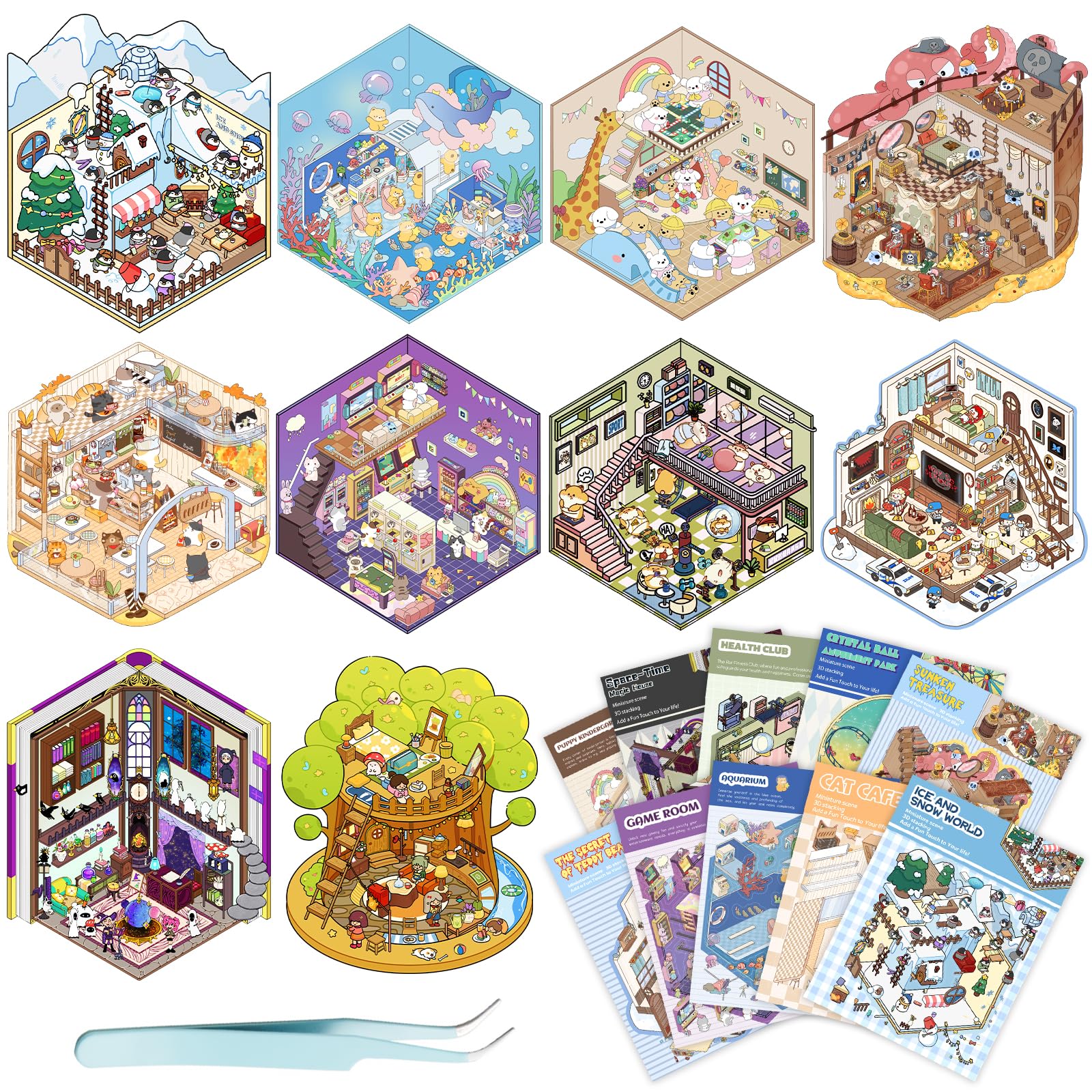 10 Sets DIY 3D Sticker Scenes for Girls Kids, 3D House Sticker Isometric Stickers Room, DIY Scenes Sticker Therapy for Adults, Make Your Own Stickers,