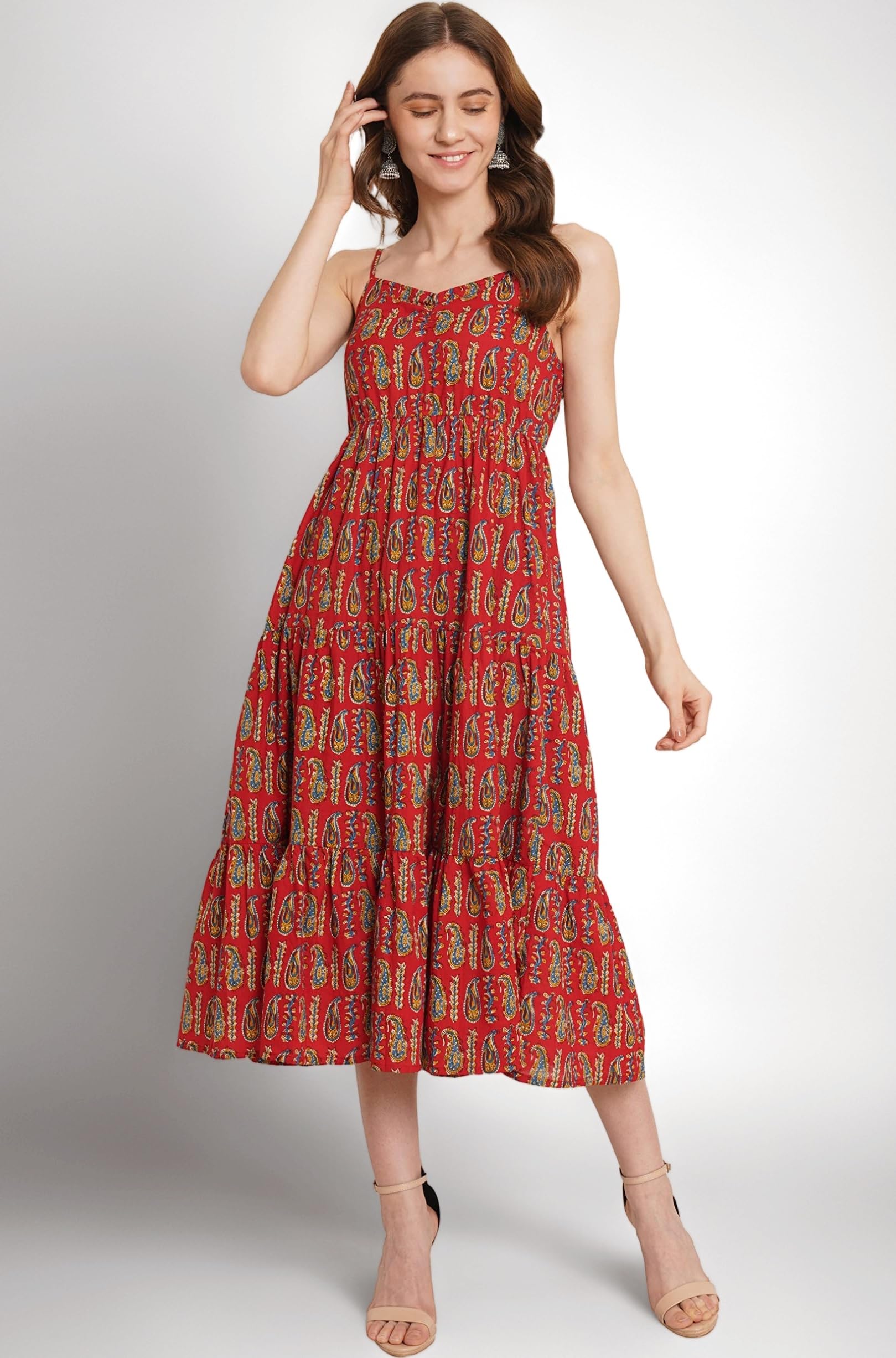 Breathable Cotton Printed A-Line Midi Dress for Women
