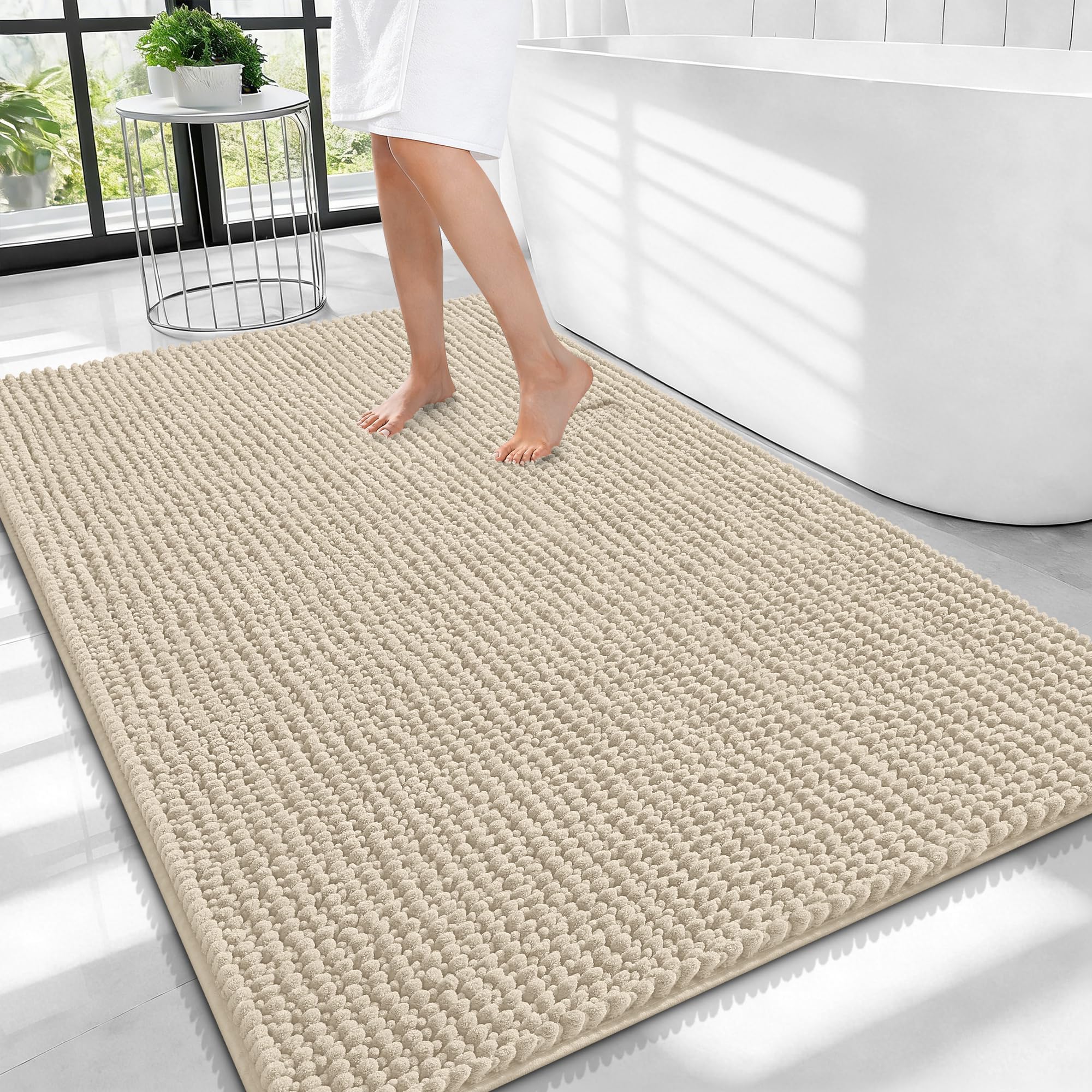 OLANLY Thick Chenille Large Bathroom Rugs 40x32, Absorbent Bath Mat, Sand