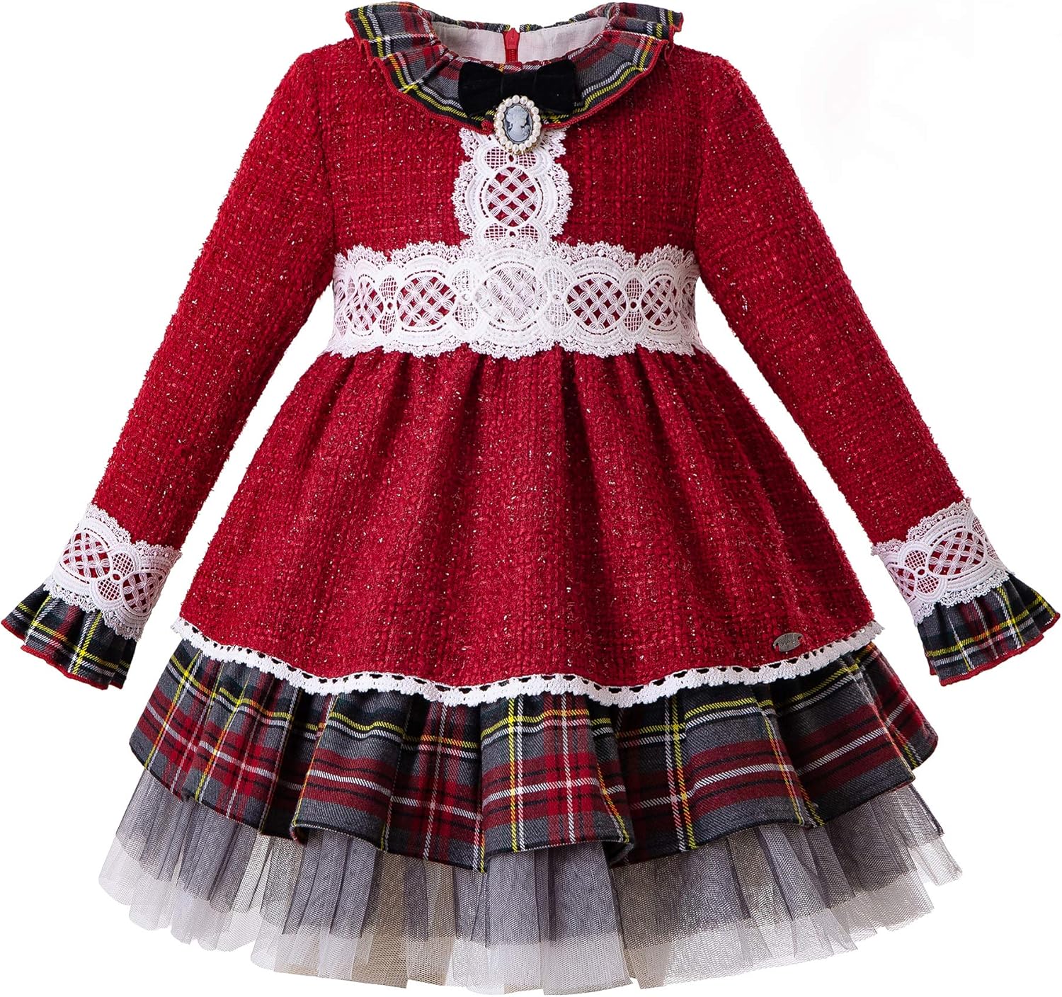 Pettigirl Casual Red Clothing Set for Girls Grid Lace Girls Dress with Headwear