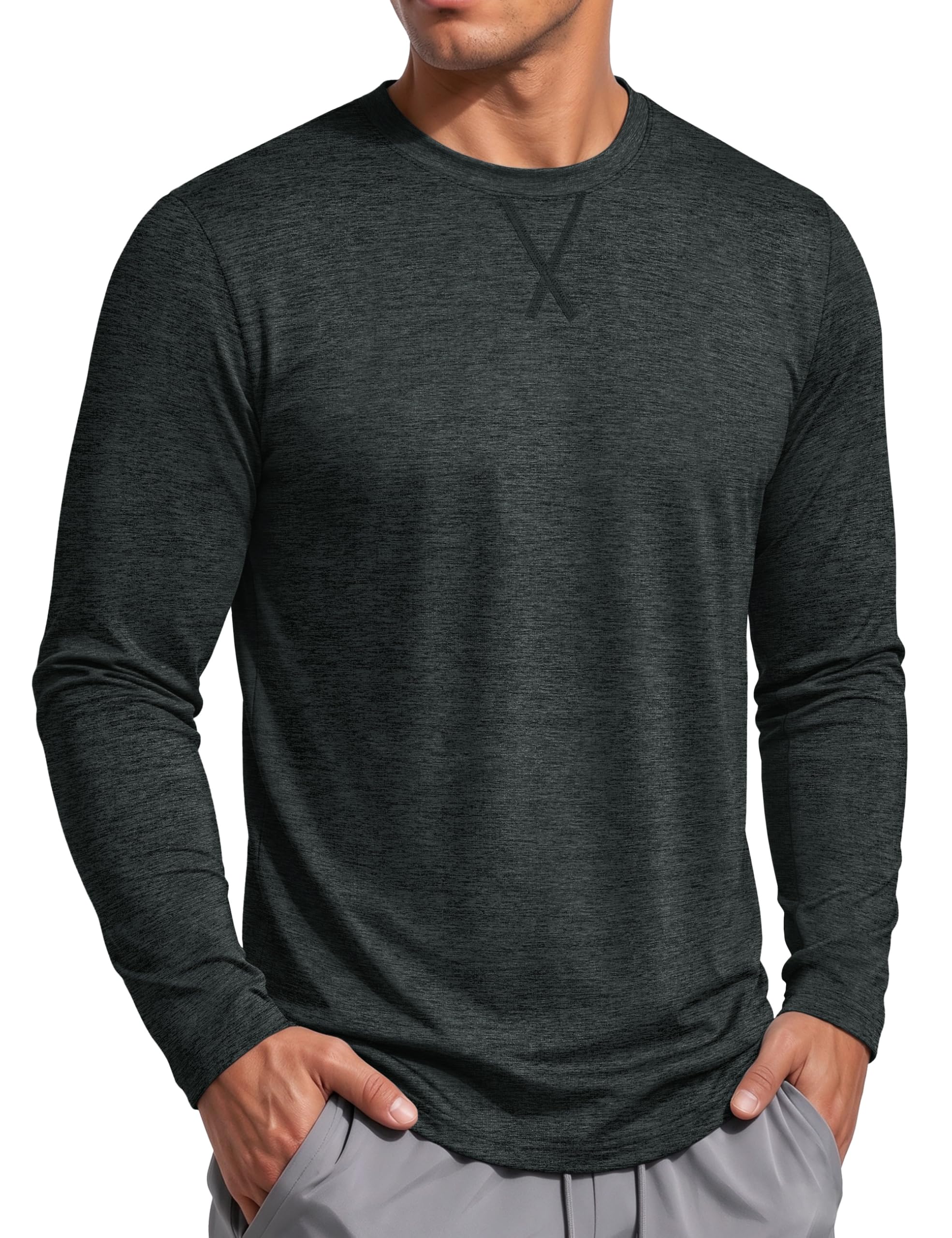 Mens Long Sleeve Shirt Quick Dry Athletic Top with Curved Hem