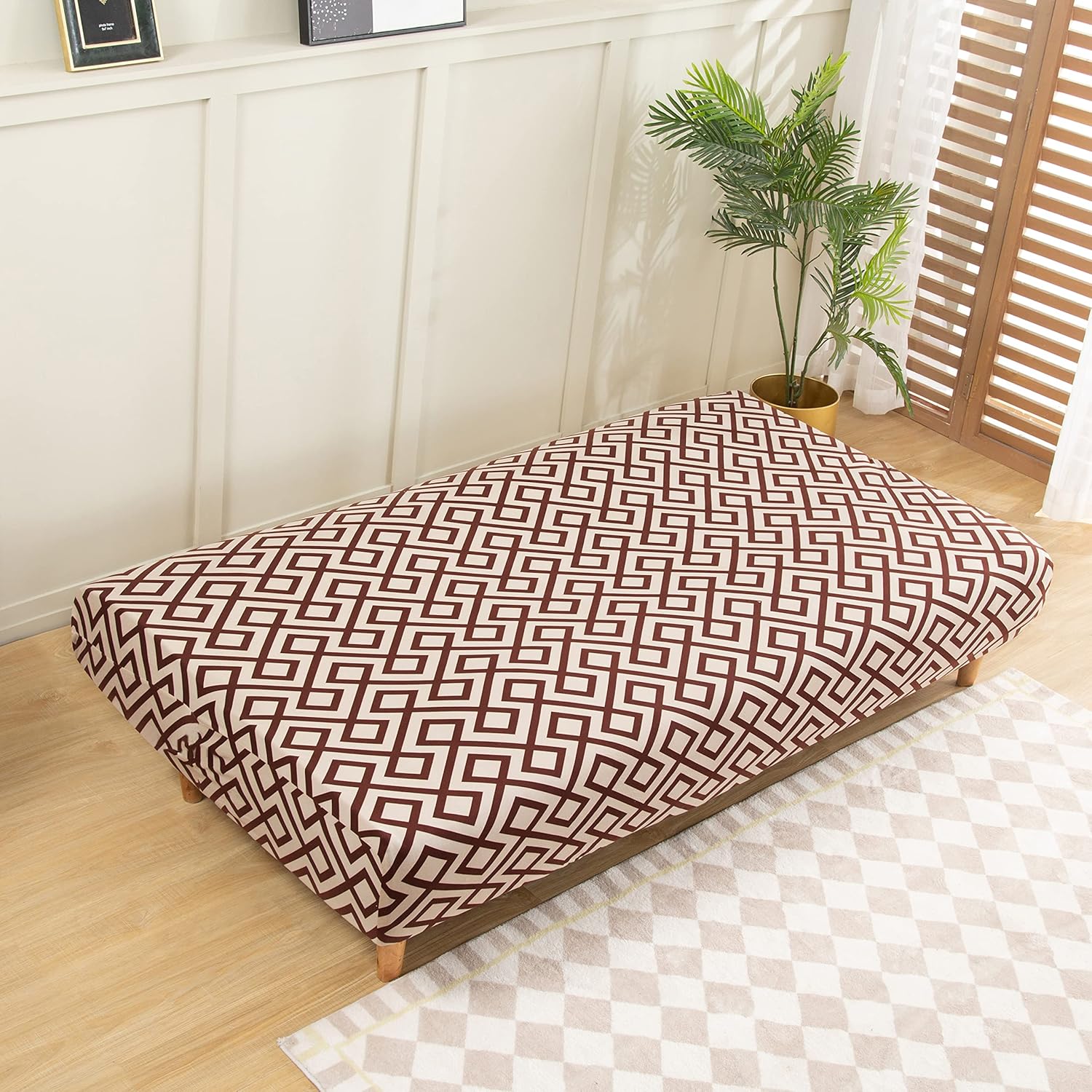 ShowyLive Armless Sofa Bed Cover, Stretch Folding Sofa Bed Covers Without Armrest, All-Inclusive Tight Wrap Futon Slipcover, Soft Skin-Friendly Bench Cover Furniture Protector for Living Room (P)