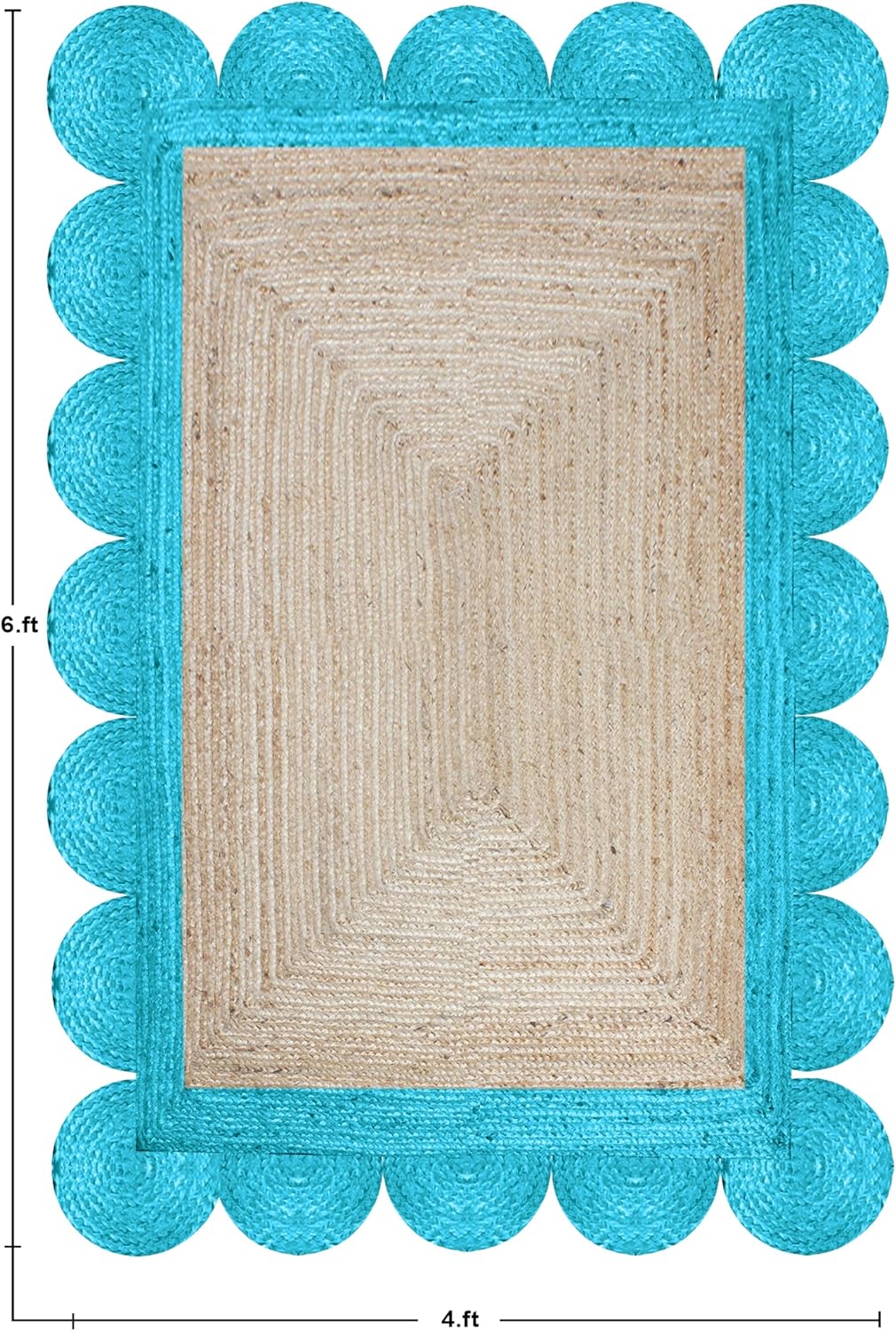 Braided Scalloped Runner Rug, Natural Jute Fiber Area Rug, 2x18 Ft Beige & Base Turquoise Woven Flatweave Kilim Rug for Indoor, Outdoor, Living Room, Kitchen, Entryway, Farmhouse