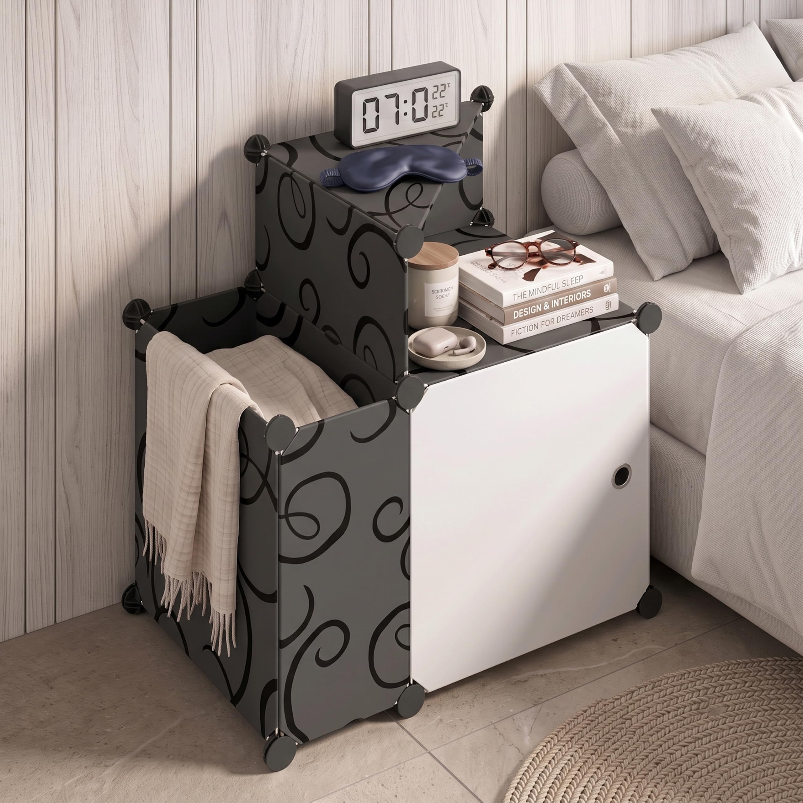 aloxe pvc portable bedside table(black) – diy nightstand, space saving end table, storage cabinet unit, organizer shelf for bedroom & living room
