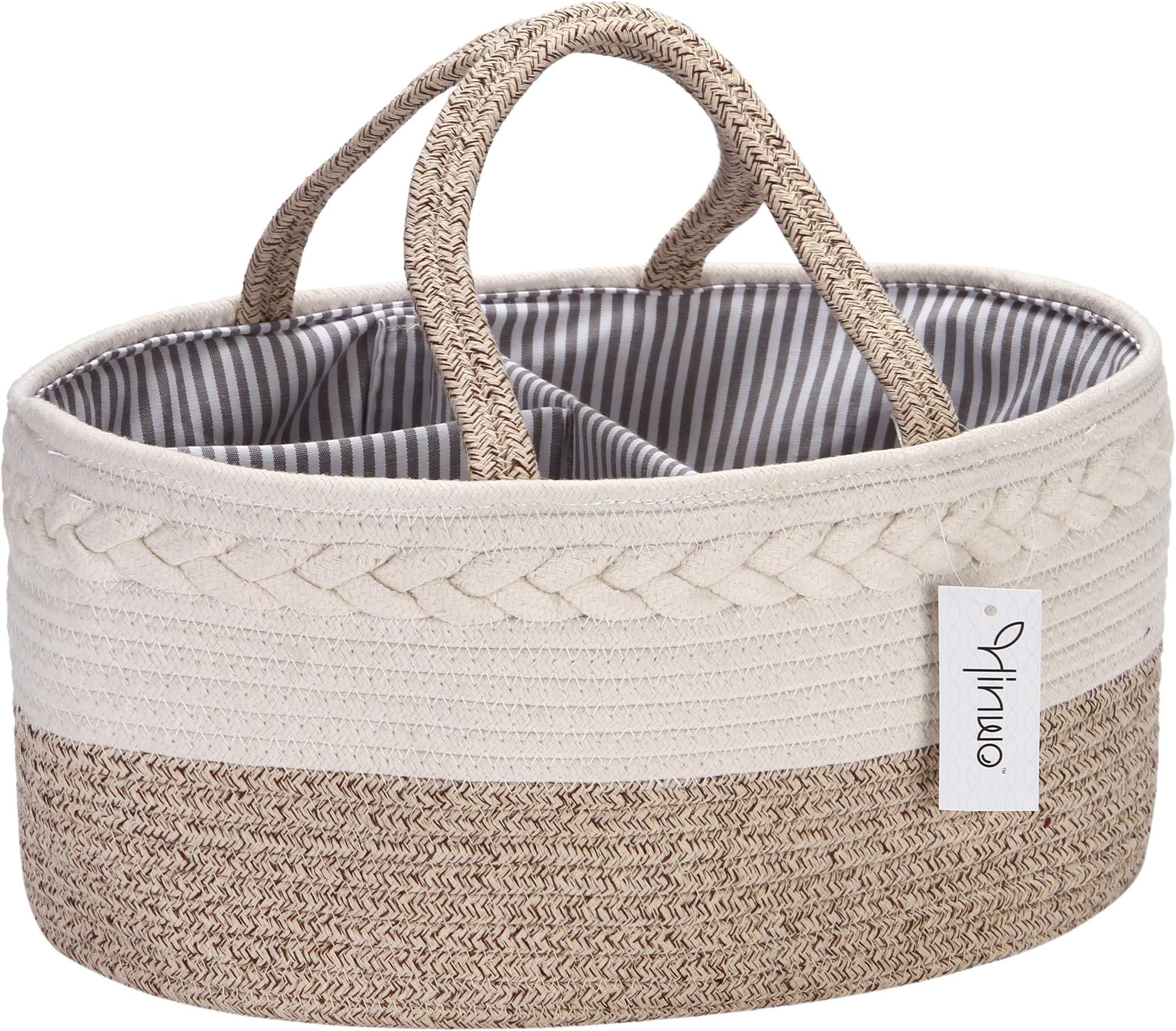 Hinwo Baby Diaper Caddy 3-Compartment Infant Nursery Tote Storage Bin Portable Car Organizer Newborn Shower Gift Basket Cotton Rope with Detachable Divider for Diapers & Wipes