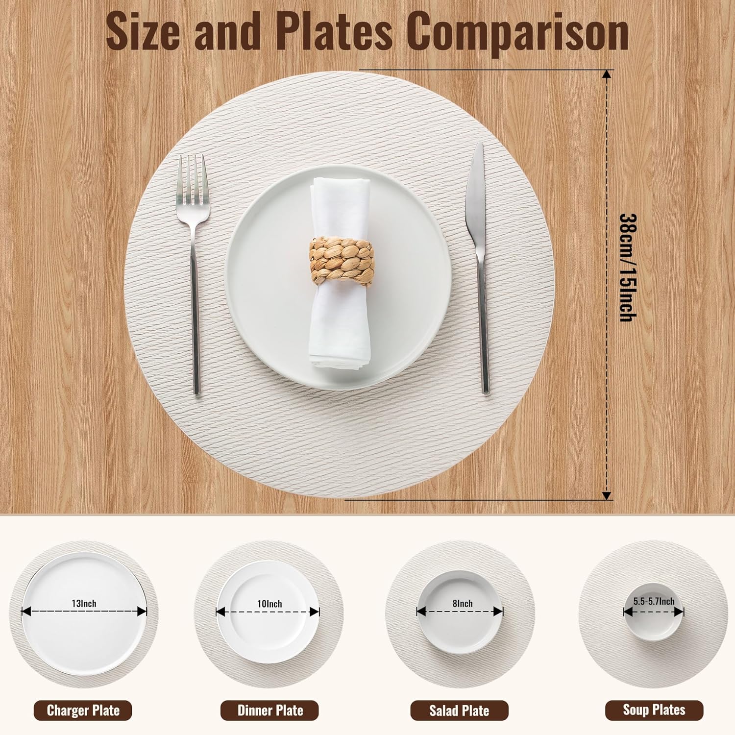 Jovono 15" Faux Leather Big Round Placemats Set of 6 - Washable Heat Resistant Non-Slip Dining Table Mats with Fabric Texture for Kitchen Home Party Decor, White