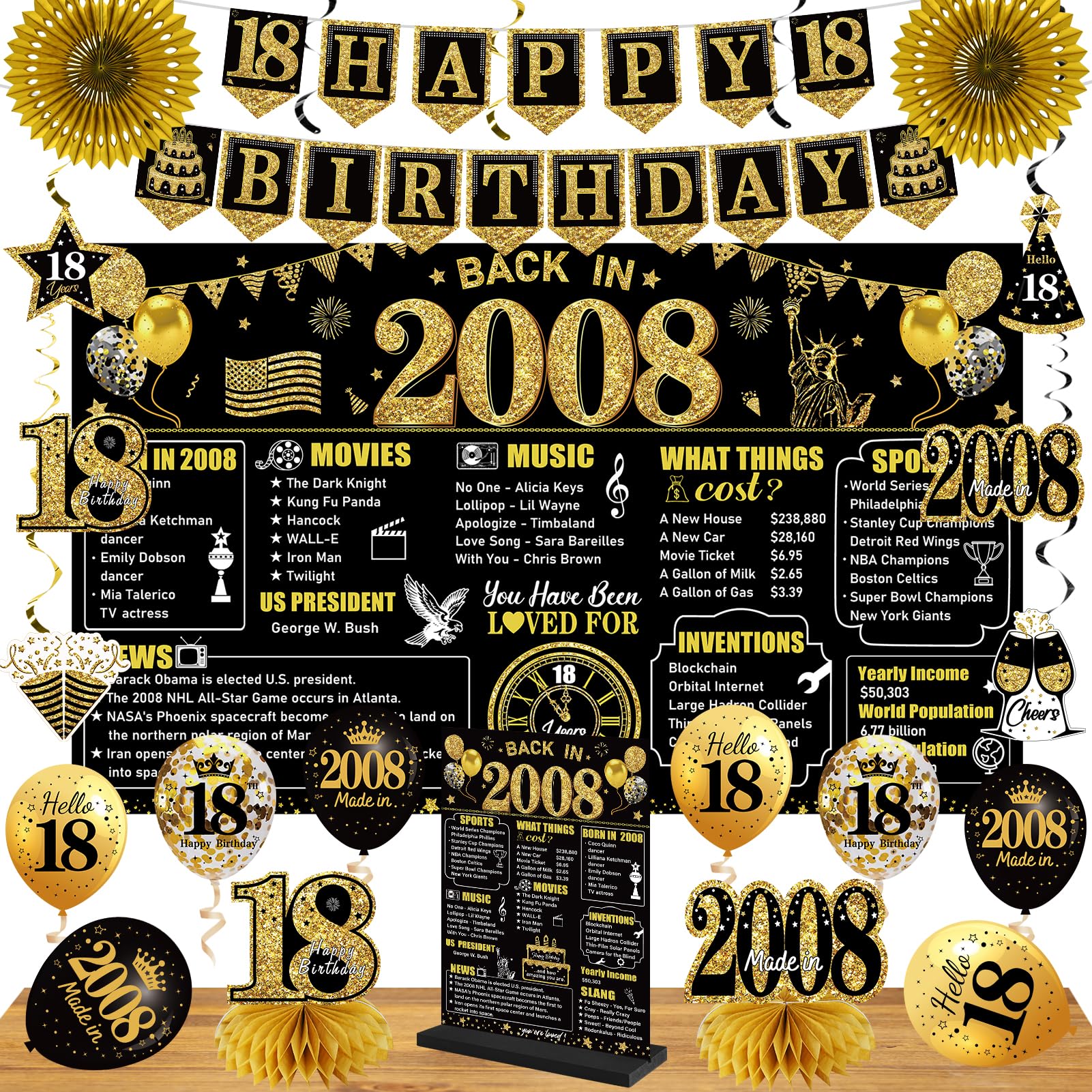 18th Birthday Decorations Kit for Boys Girls, Black Gold 24Pcs
