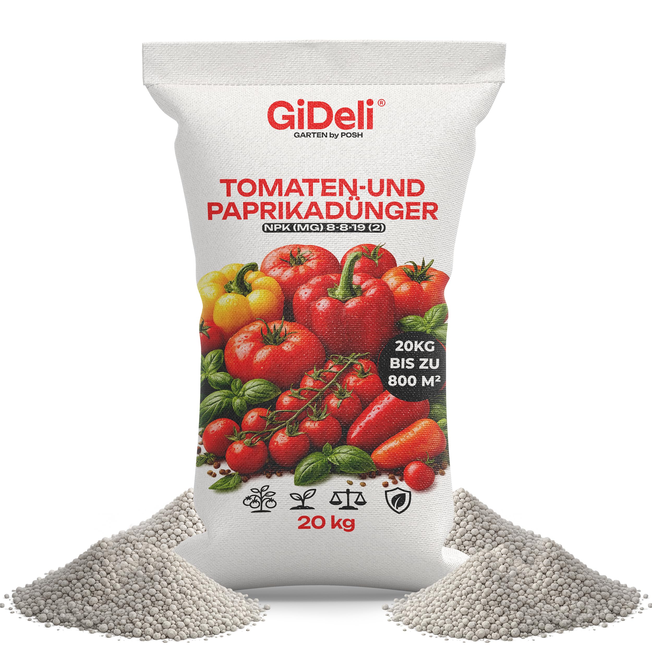 GiDeli Tomatendünger 20 kg - Granulat 8-8-19 Für Tomaten & Paprika | Kali für kräftige Früchte, chloridarm, Gemüsedünger für Gärtnerei und Anbau, Bedarf je Kultur