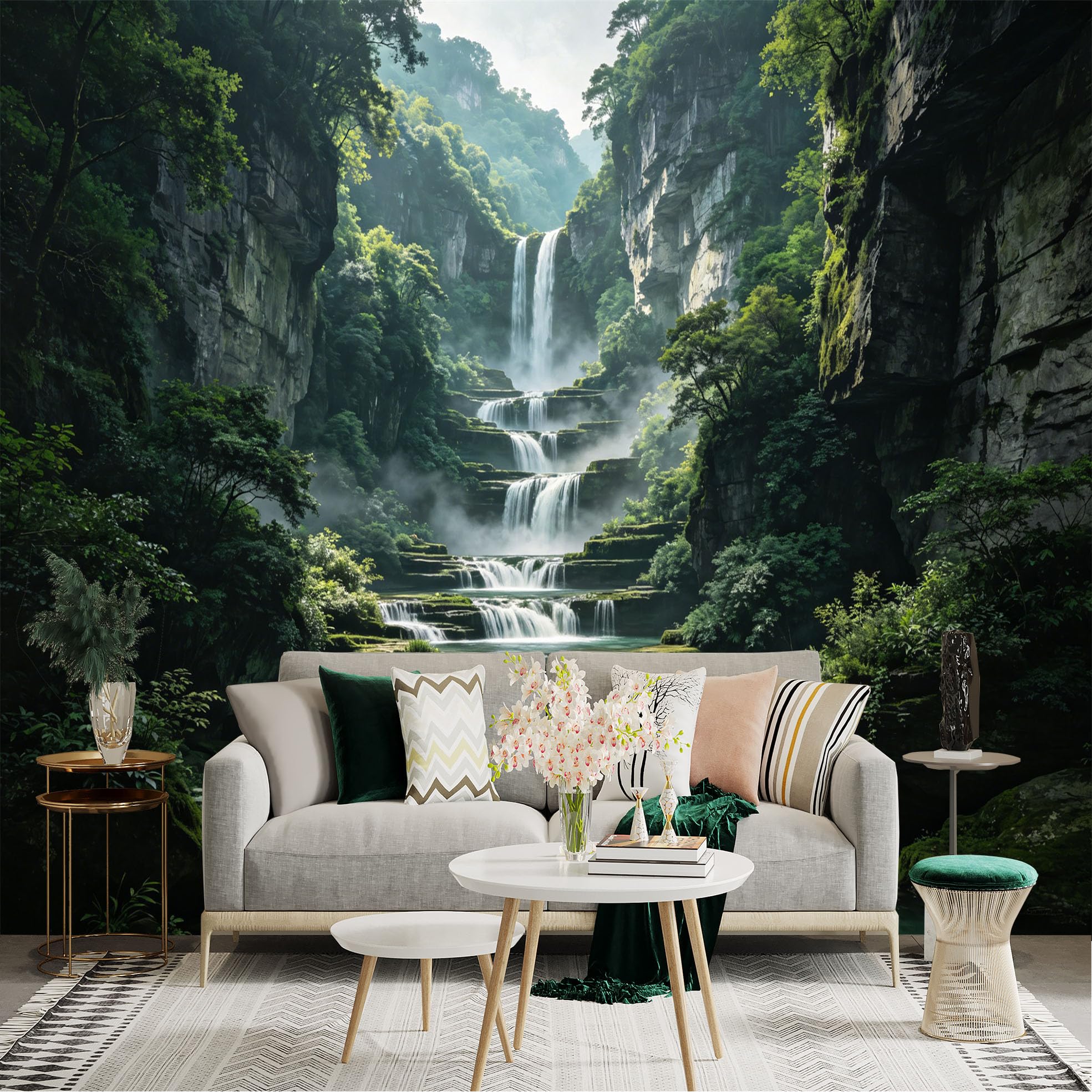 Lnzczhyre Dbh260521515 Custom Size Wall Sticker Mural， Majestic Tiered Waterfall， Lush Green Forest Scenery， Misty Mountain Landscape， Serene Nature View， For Wall Decoration， Peelandstick Wall Decals.