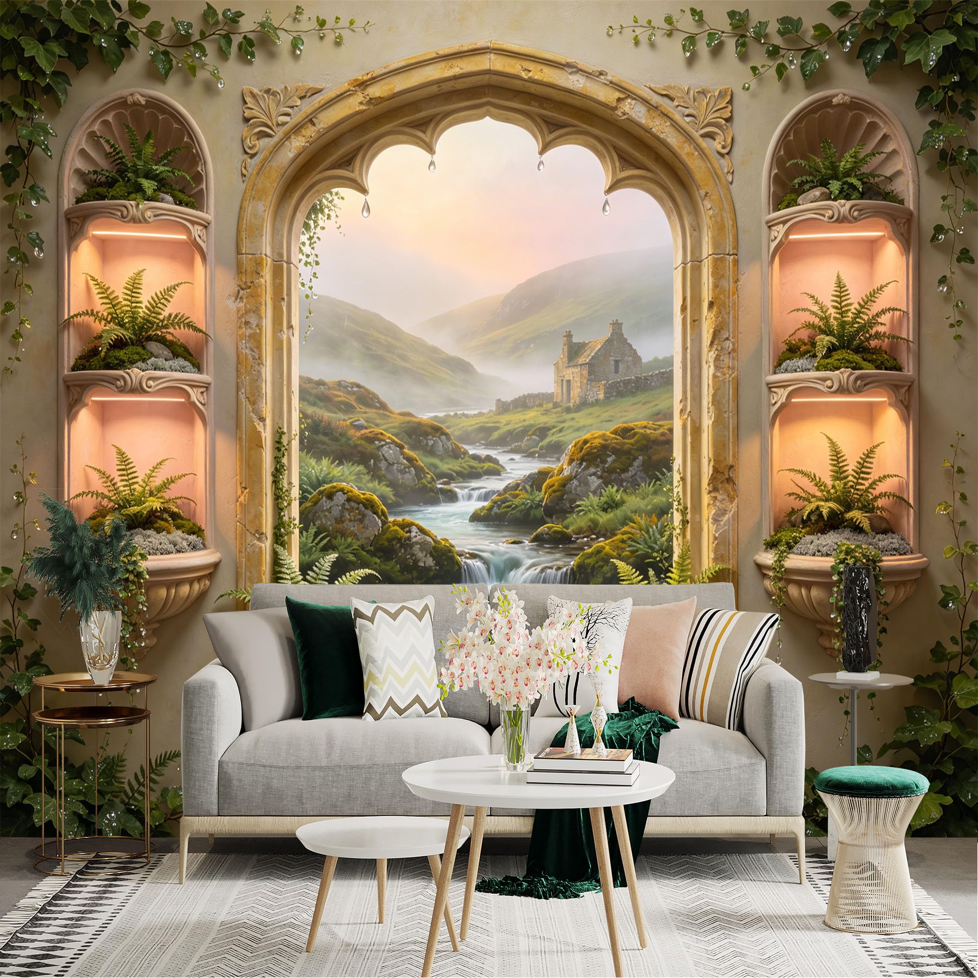Lnzczhyre Dbh260521203 Custom Size Wall Sticker Mural， Scenic Window View， Mist Covered Hills， Stone Cottage By Creek， Lush Green Foliage， For Wall Decoration， Peelandstick Wall Decals.