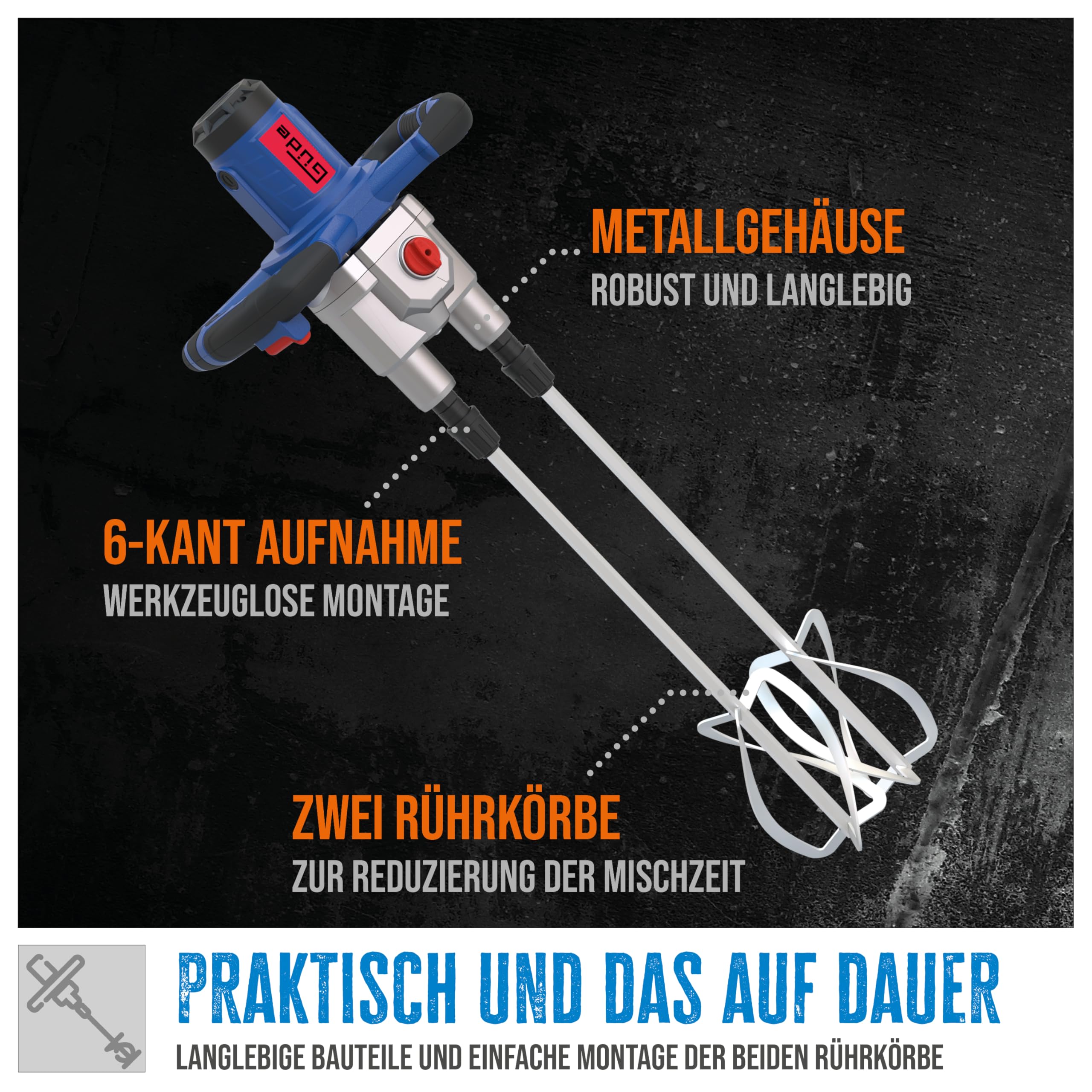 Güde GRW 1811.1 TWIN Stirrrer 1800 W, 2-speed, 0-460 | 0-620 1/min max. idle speed, 100 l max. mixing volume, reduction up to 50%, soft-start function, metal drive housing