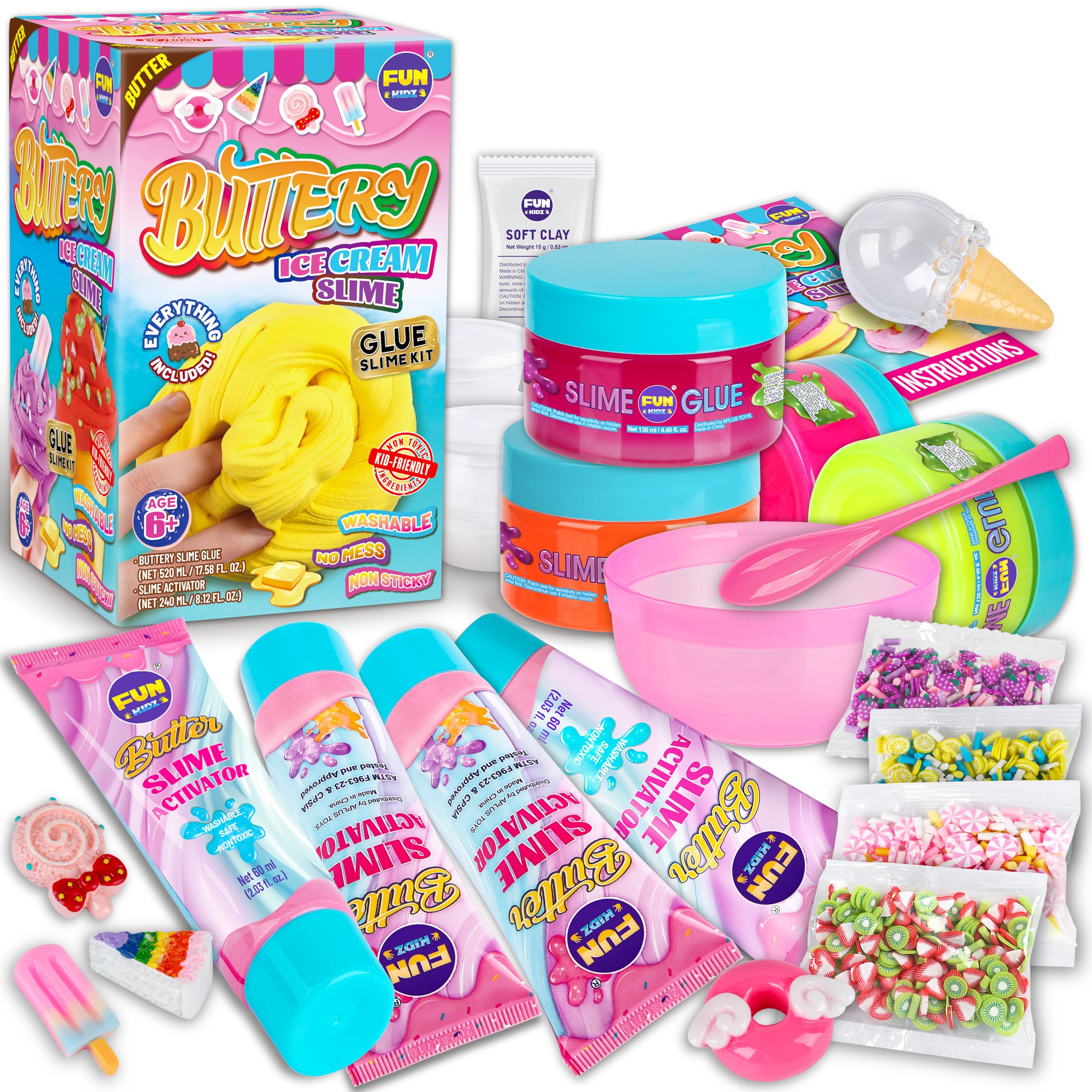 1:1 Buttery Glue Slime Kit for Kids Ages 8-12, FunKidz Ice Cream Slime Making Kits for Girls Toys Includes 19 Pieces Supplies to Make Butter Slime