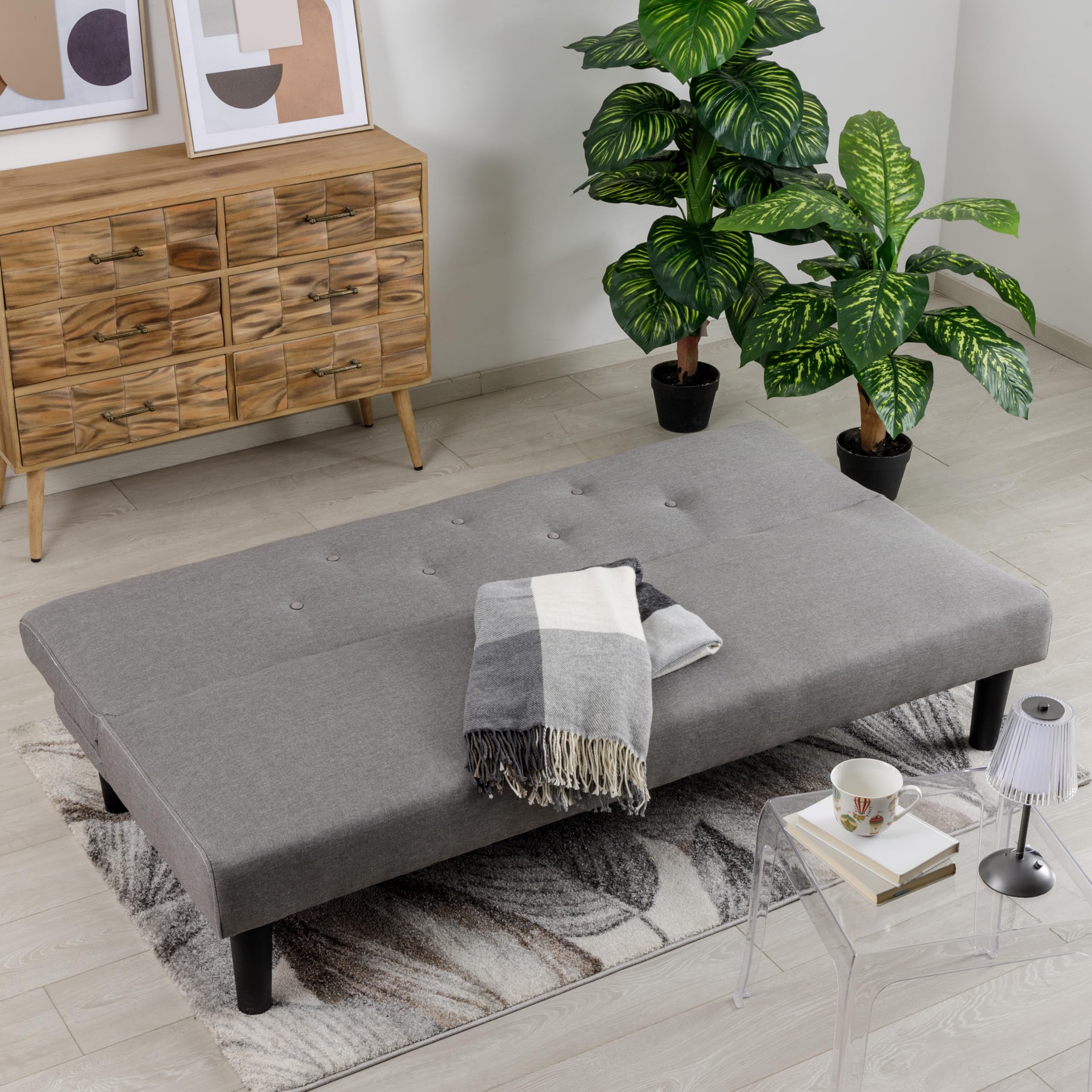 Baroni Home Divano Letto in Tessuto 3 Posti Trasformabile in Letto Imbottito, Divano Reclinabile con Gambe in Plastica da Salotto, Camera degli Ospiti, Apertura 93 cm, 167x70x77 cm, Grigio