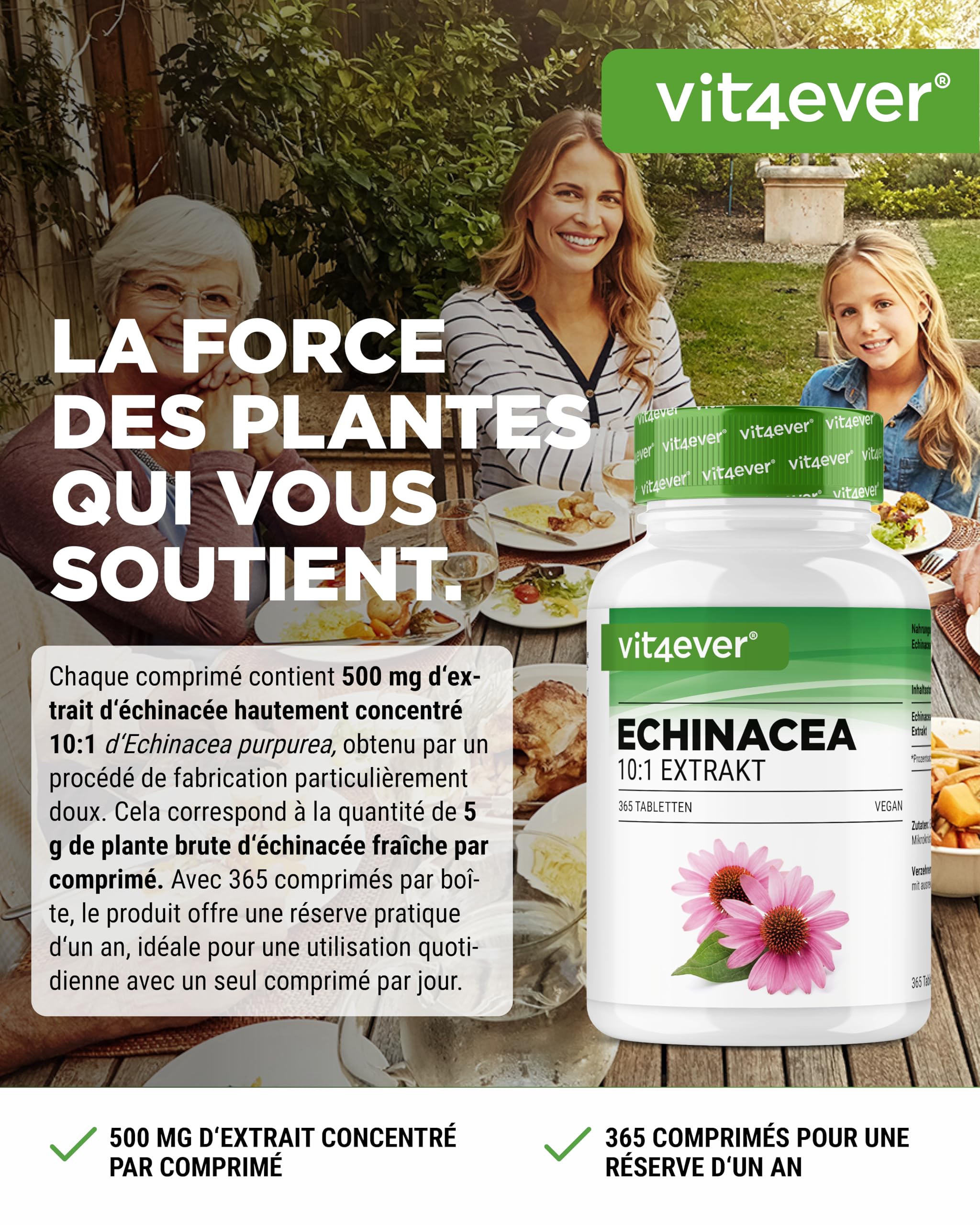Échinacée 500 mg - 365 comprimés végétaliens - Extrait naturel d'échinacée 10:1 - Hautement dosé - Sans additifs indésirables - Végétalien
