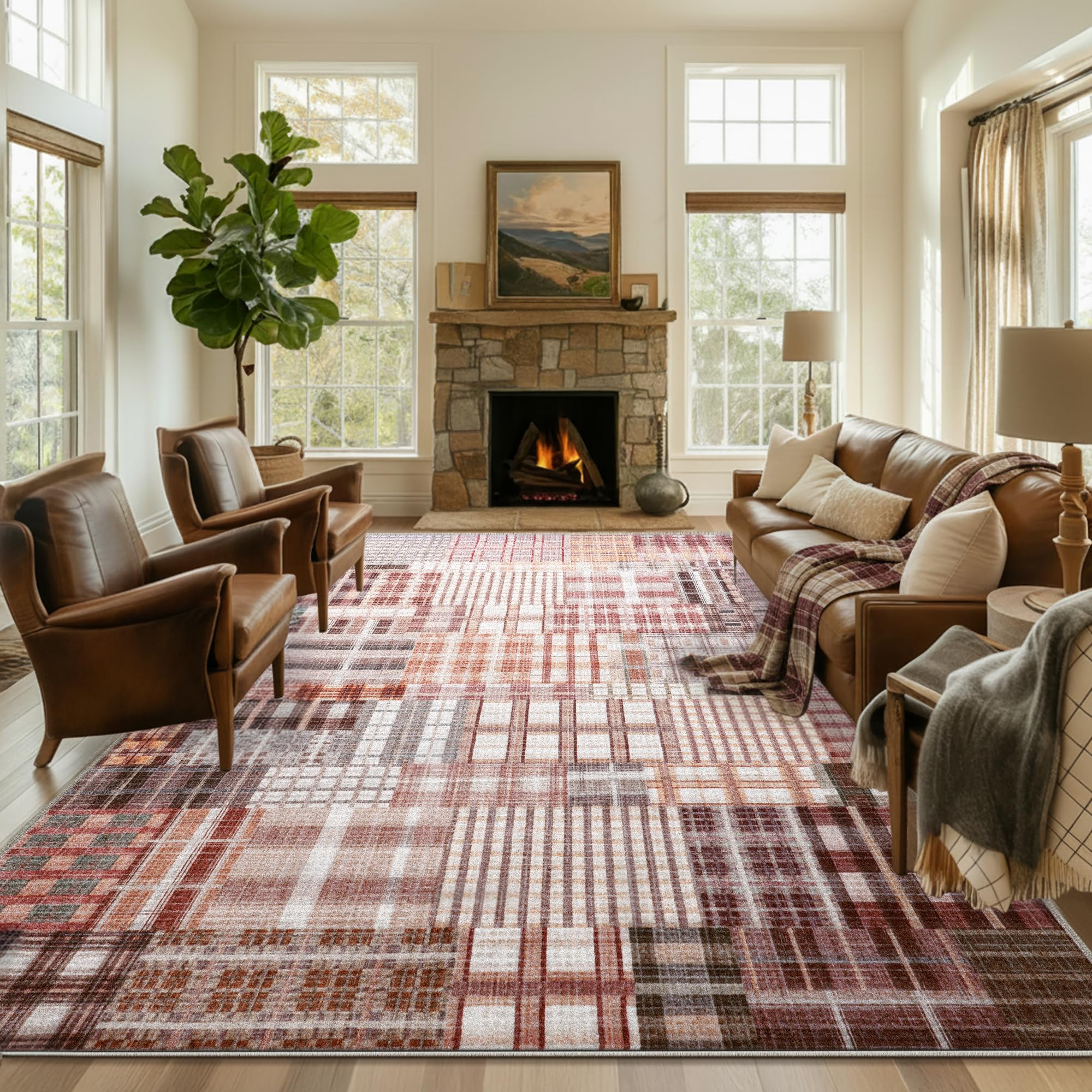 GthreeD Rugs Living Room 160x230cm, Area Rugs for Bedroom, Machine Washable Vintage Rug, Modern Abstract Area Rugs for Kids Girls and Boys, Dining Room, Home Office, Bedroom, Red Check