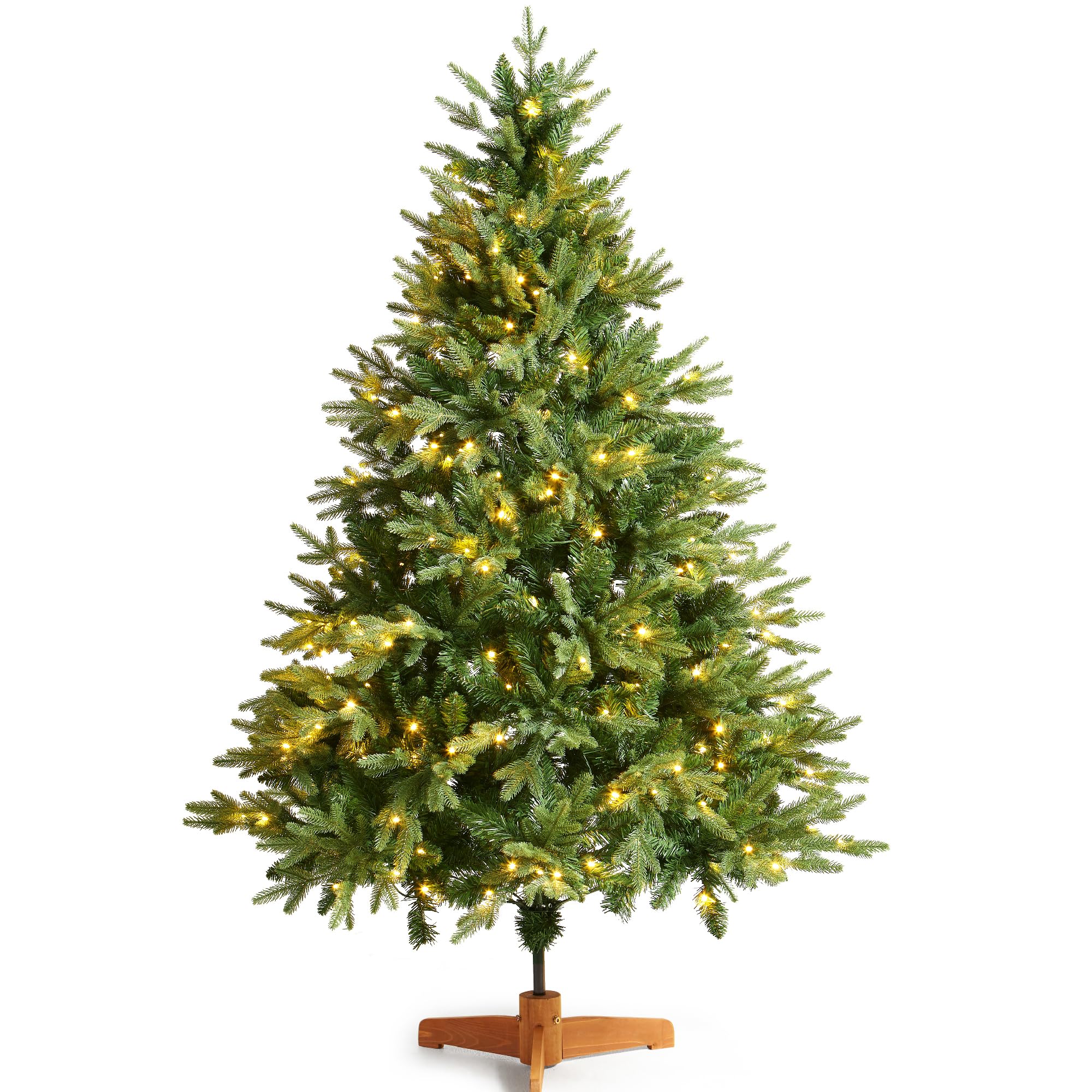5ft Pre-Lit Artificial Green Christmas Tree with 200 LED Lights and 550 PE PVC Mixed Tips Hinged Branches Bushy Realistic Easy to Assemble Xmas Home Decorations Trees with Foldable Wooden Stand