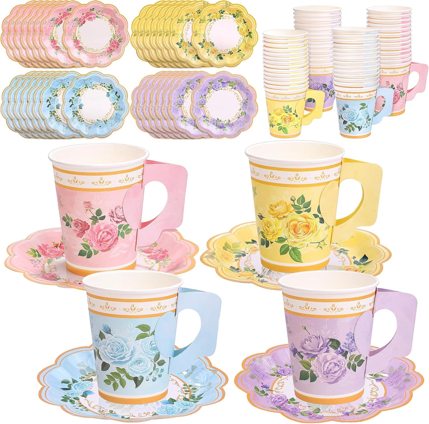 Kochorie 120 Pcs Floral Paper Tea Cups and Saucers 9 Oz Disposable Teacups Bulk with Handle 4 Styles Flower Tea Party Decorations for Birthday Wedding Garden Party Baby Shower Serve 60 Guests