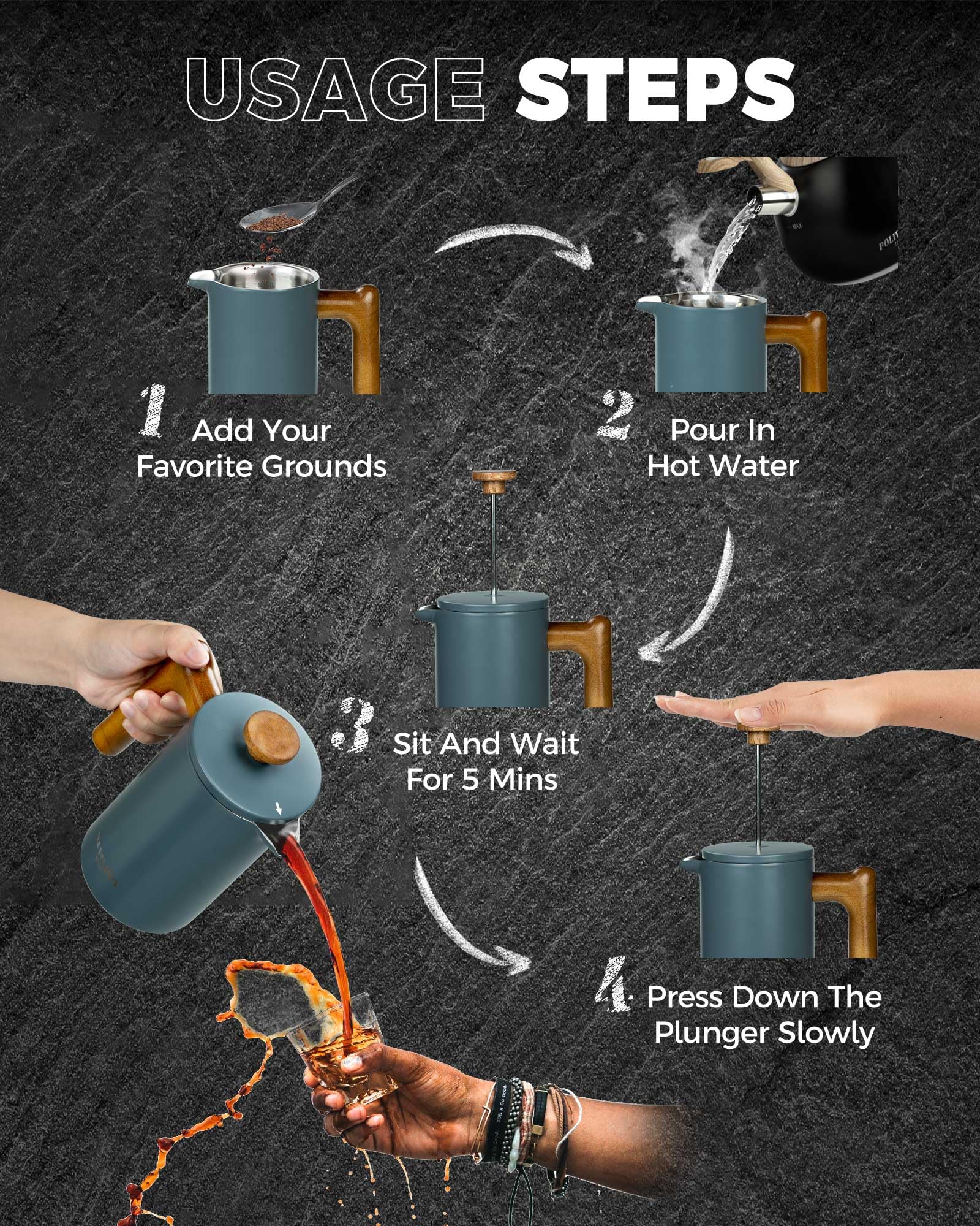 POLIVIAR – Cafetière à piston à piston à 4 tasses avec poignée en bois – Cafetière à piston en acier inoxydable pour un bon café et thé – Cafetière isotherme à double paroi avec 1 filtre