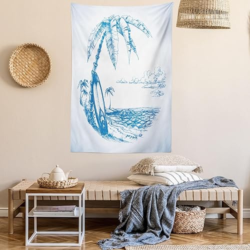 Miniatura 6 de Ambesonne Tapiz de surf, ilustración contemporánea de boceto hawaiano, playa, tabla de surf, palmeras, agua del océano, decoración de tela para